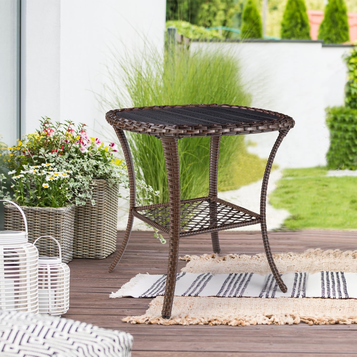 Outdoor Side Table Patio Wicker Coffee Table Outdoor End Table Rattan Bistro Table with Storage & Poly Lumber Table Top Square for Outside Balcony Porch Backyard Deck Brown