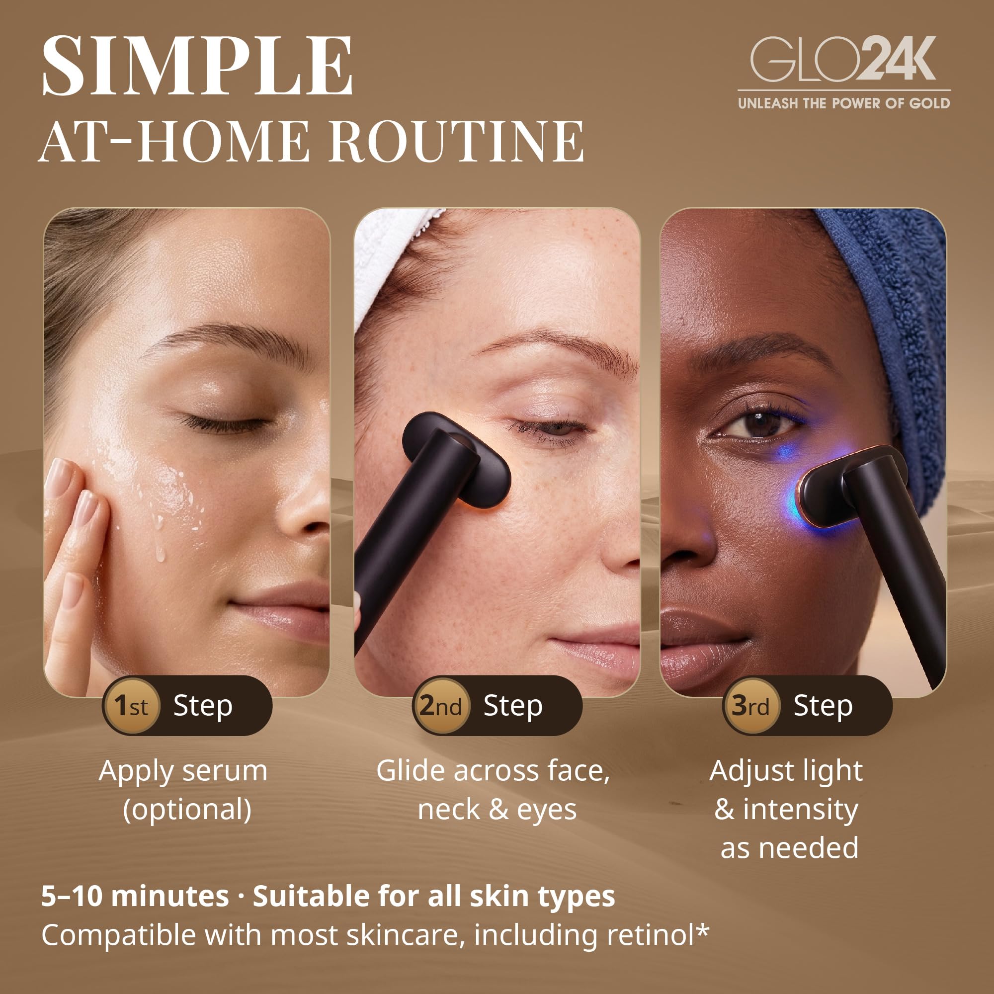 GLO24K 6-in-1 Schönheitstherapiestab für Gesicht, Augen und Hals. Basierend auf Dual-LED-Lichttherapie, thermischen, Vibrations- und Mikrostromtechnologien. Hautverjüngung