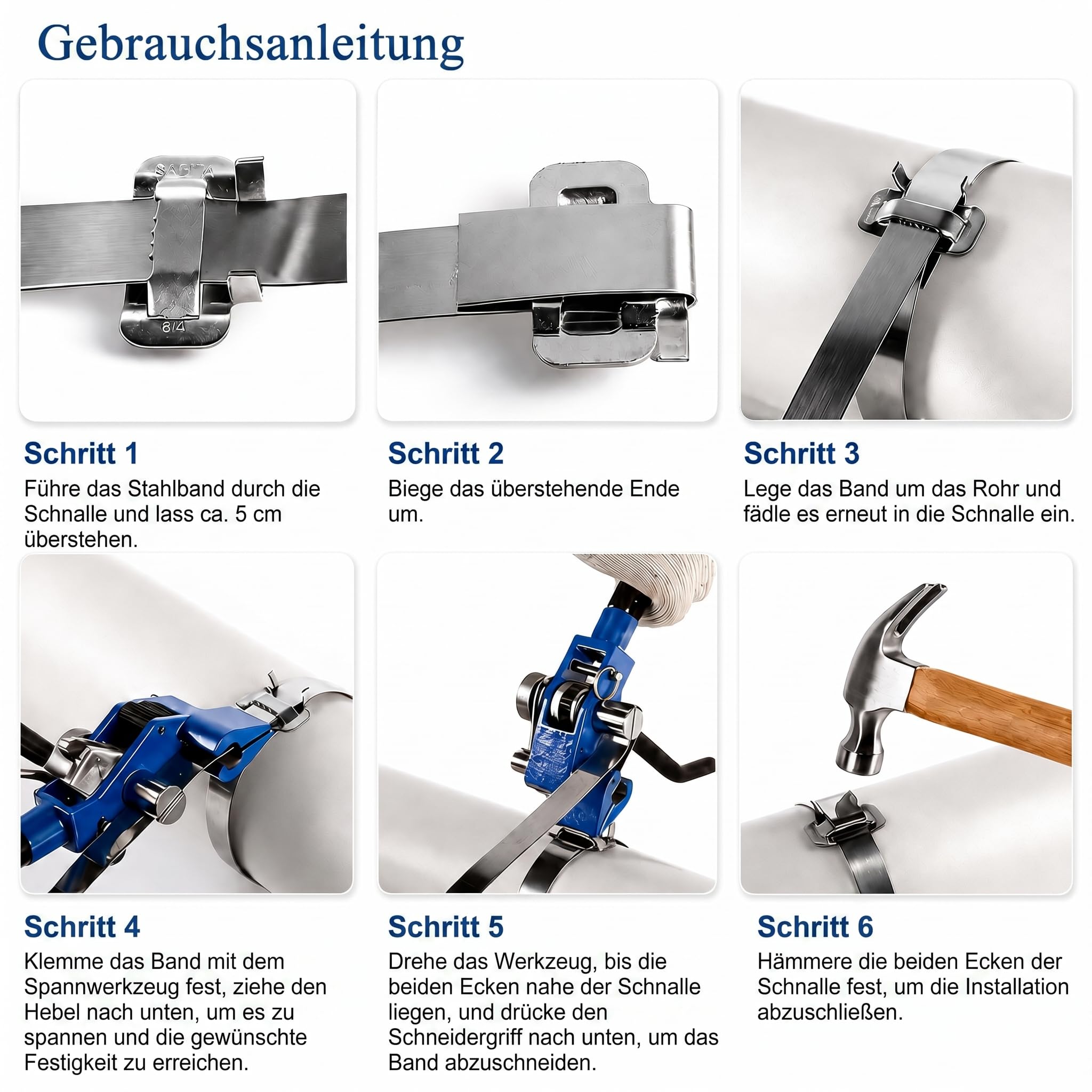 Stahl-Umreifungsset mit Bandspannwerkzeug, 30 m Band 19 x 0,76 mm, 30 Schnallen, Handschuhe, Stahl-Spanner mit Schneidgriff für HLK-Rohre, Kabel, Schilder, Paletten-Montage