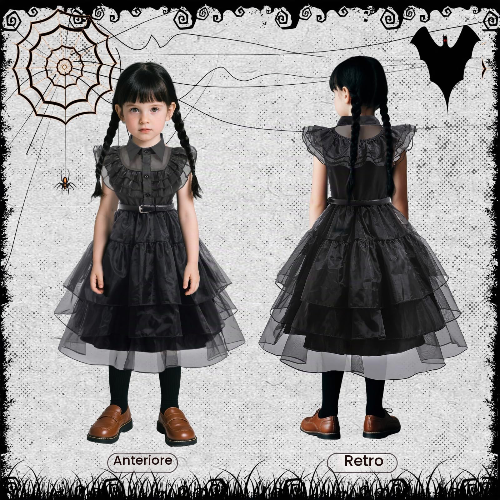 yumcute Gotici Costume Vestito Bambina, Costume Halloween per Bambina, Vestito con Gonna in Tulle Nero per Bambin con Parrucca Cintura e Calze, Principessa Nero Cosplay Party Halloween Carnevale