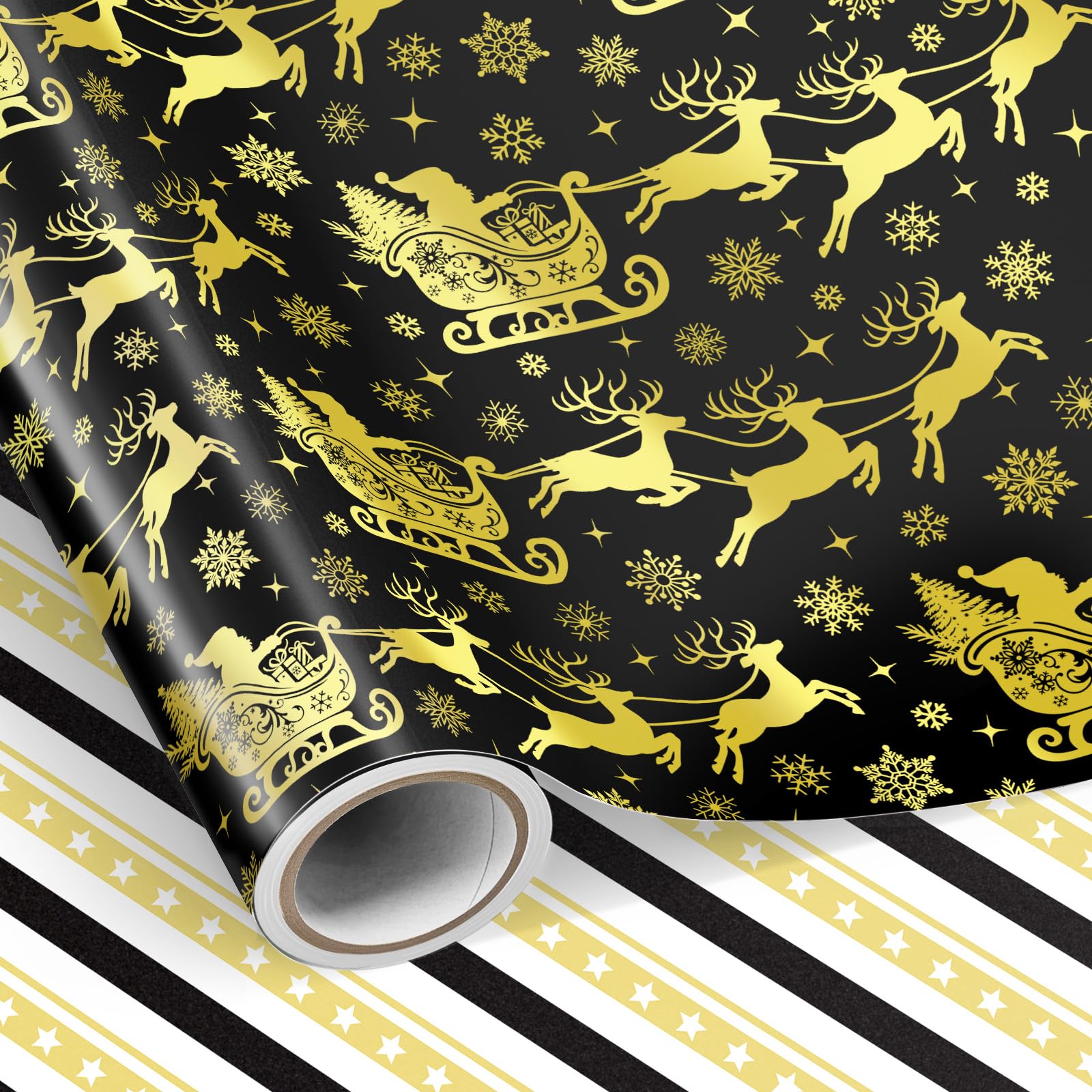 Neloheac Black Gold Christmas Wrapping Paper Roll 43CM x 10M Reversible