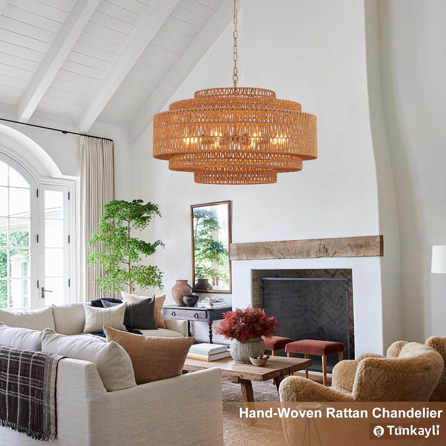 31.5" Large Rattan Chandelier 8-Light Hand-Woven Boho Bamboo Rattan Chandelier Farmhouse Vintage Light Fixture 5-Tier Drum Wicker Gold Chandeliers for Dining Room, Kitchen, Living Room, Foyer