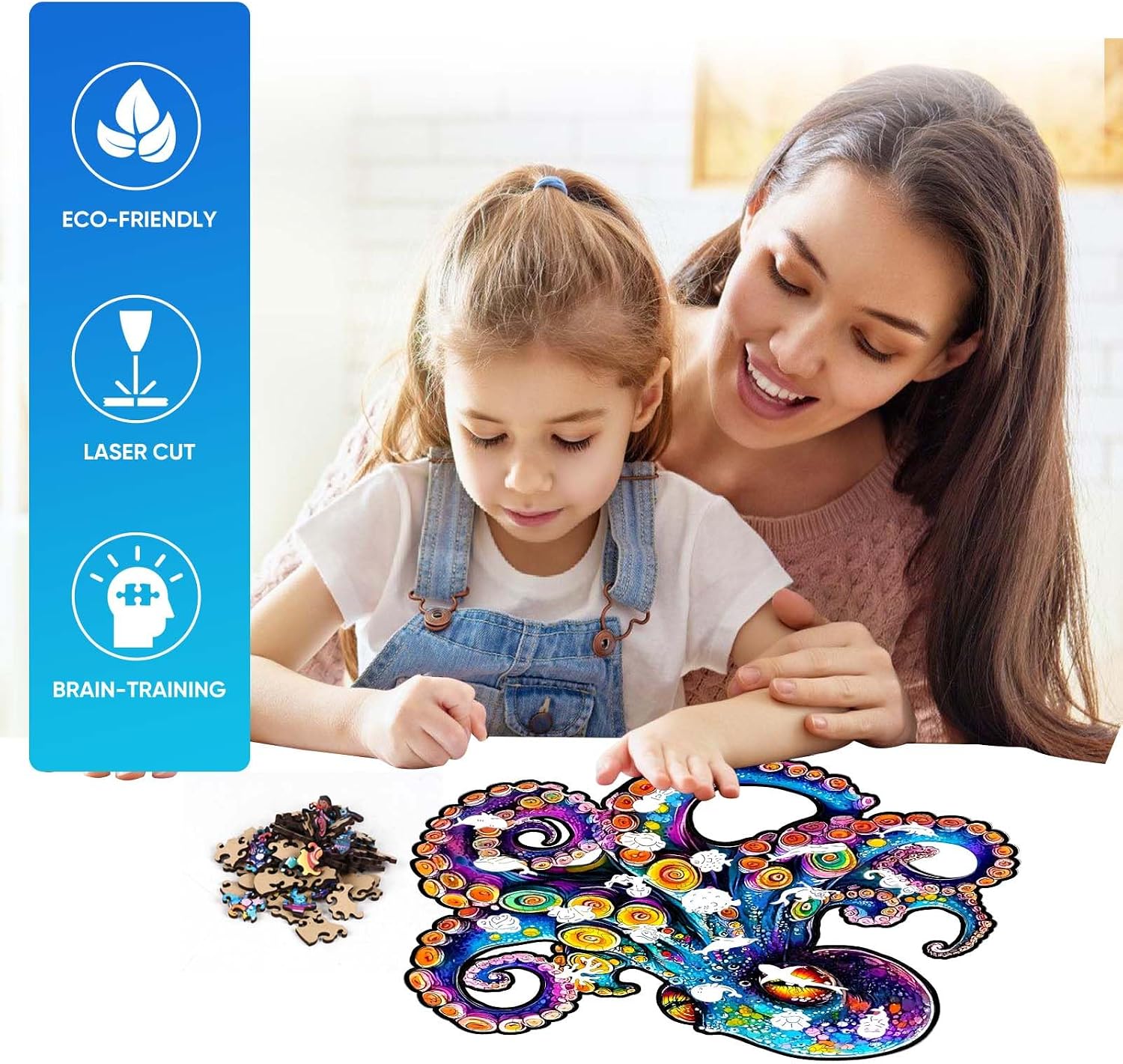 Wooden Jigsaw Puzzle, 200 Pcs Unique 3D Shape Jigsaw Puzzles, Wood Puzzle Gift Box Packing, Medium Size Letter, Creative Gift for Adults and Kids, Fun Challenging (EA4Octopus, 200PCS) image 4