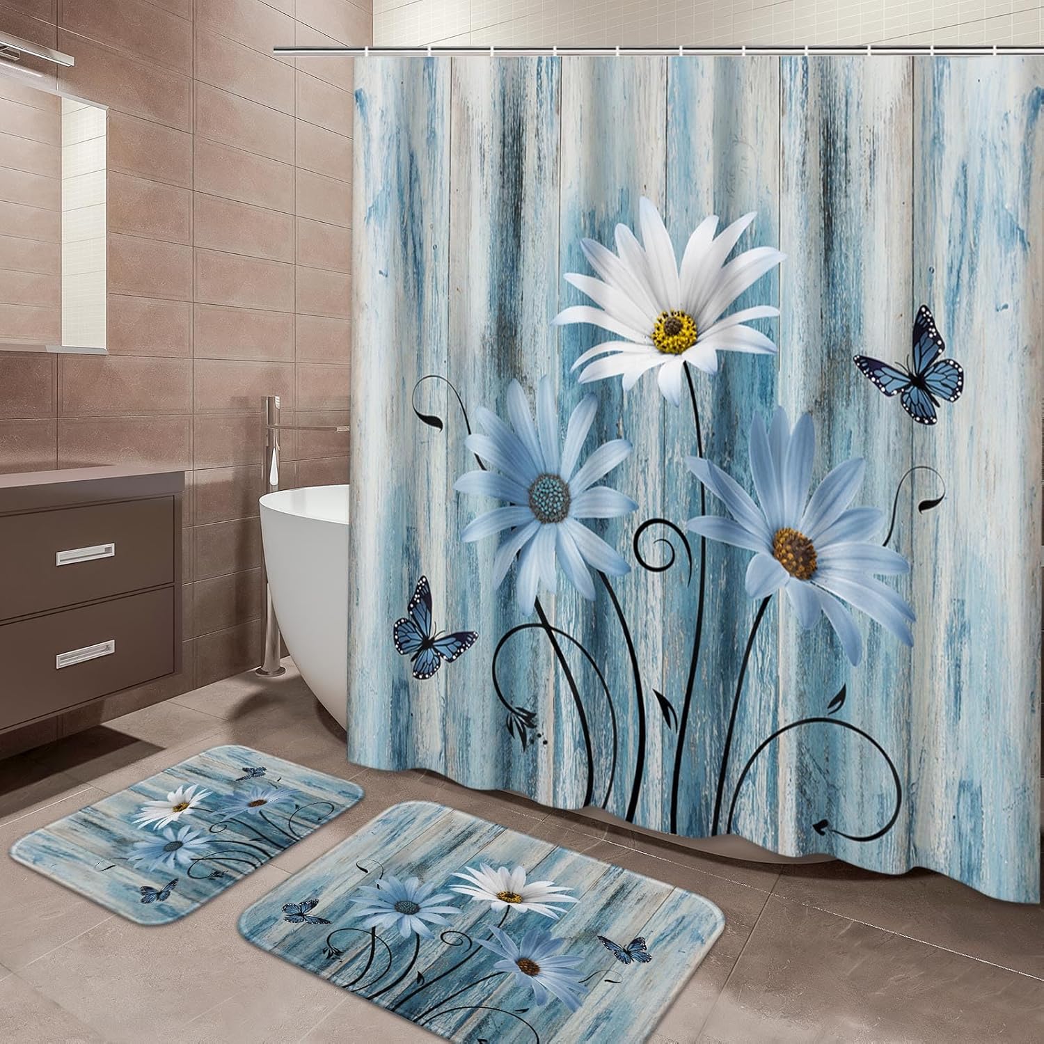 ArtSocket Blue Daisy Bathroom Set with Shower Curtain and Bath Rugs and Accessories,Wooden Boards Non-Slip Shower Curtain Set,Bathroom Decor 3 Pcs