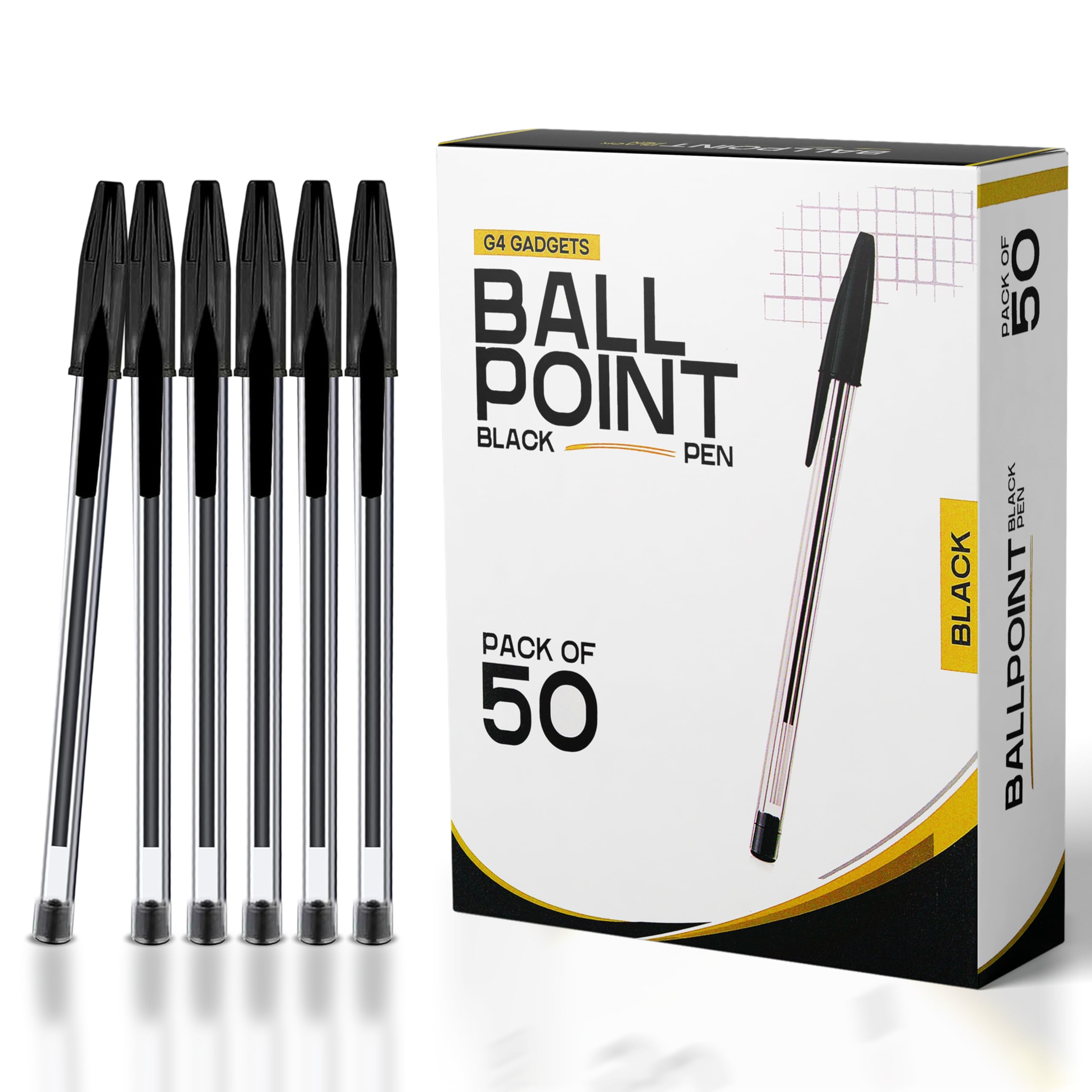 Premium Pack of 50 - Medium Tip Fluent Smooth Writing Black Biro Ballpoint Pens,14.5cm