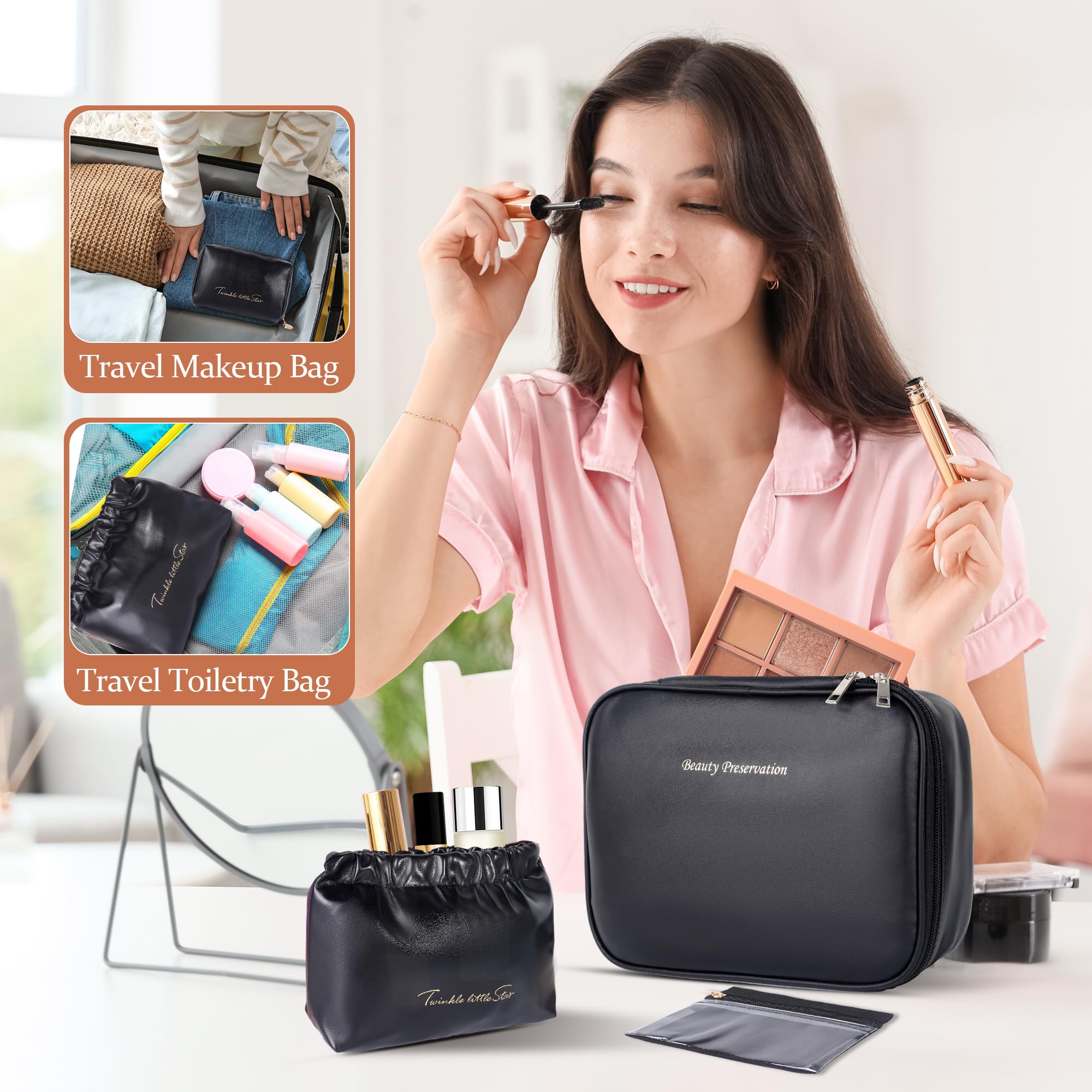 Juego de 4 bolsas de maquillaje de viaje, bolsa organizadora de cosméticos de piel sintética con bolsa de joyería, bolsa de cosméticos grande con divisor y asa, bolsa de aseo portátil impermeable de