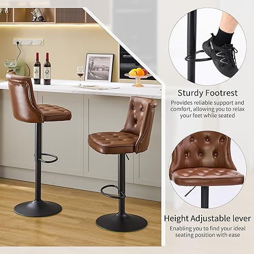 Miniatura 6 de Juego de 2 taburetes de bar, taburetes de bar giratorios con respaldo, taburete de bar ajustable de altura de mostrador de 25 a 34 pulgadas,