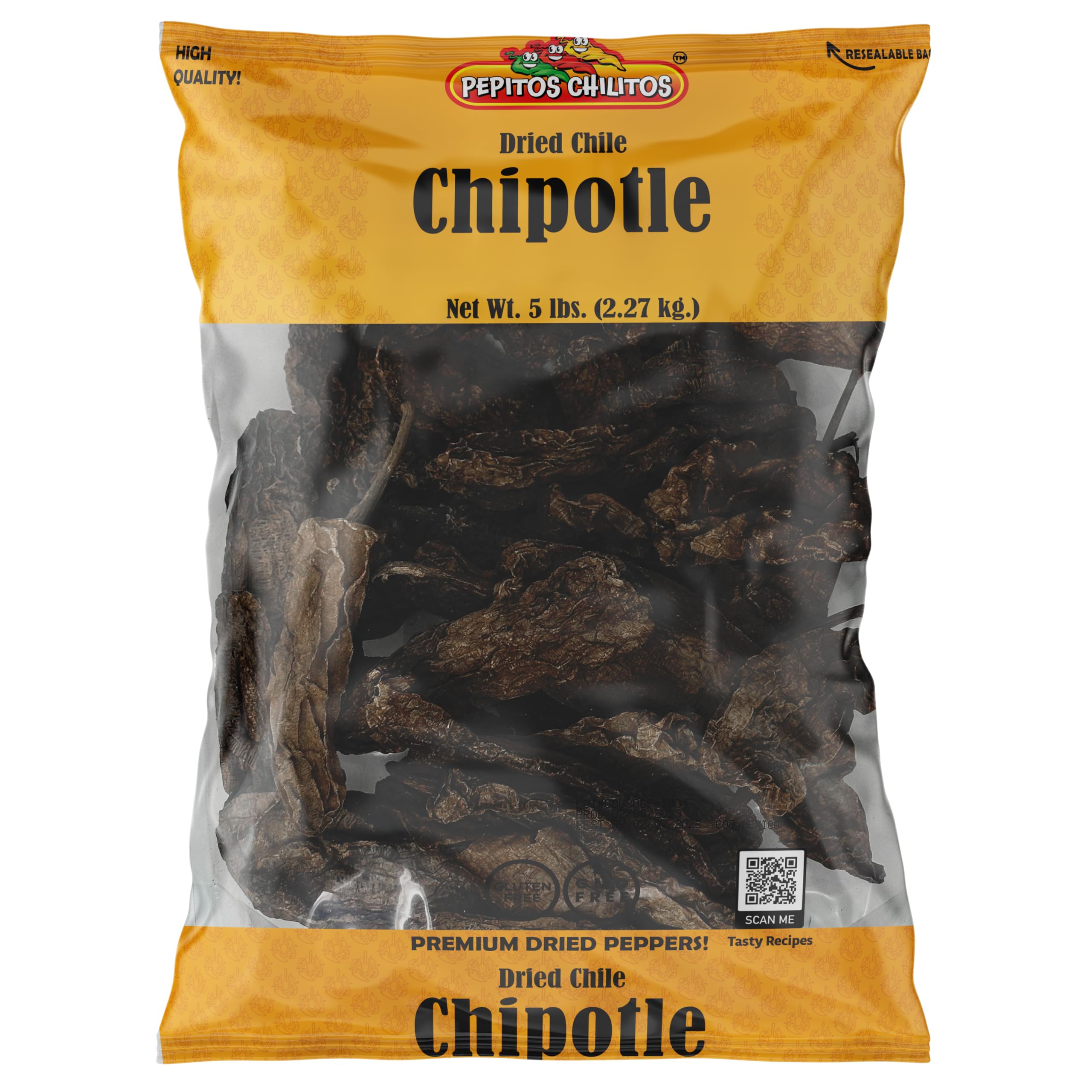 PEPITOS CHILITOS/Chile Chipotle Whole 5LB Resealable Bag - Natural and Premium - Great For Mexican Recipes Like Salsa, Tamales, and Stews.