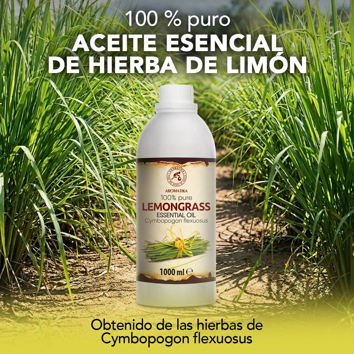 Aceite Esencial de Hierba de Limón 1000 ml - Cymbopogon Flexuosus - Natural y Puro - Aceites Esenciales para Difusores - Fragancias para el Hogar - Jabones y Velas - Aroma fresco - Aromaterapia