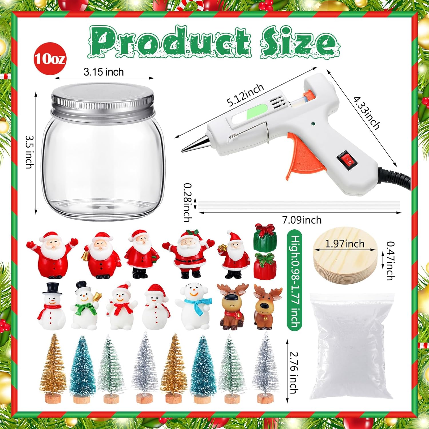 2025 8 Set 64 Pcs DIY Christmas Snow Globe Glass Mason Jar Ornaments Kit Snow Globe with Christmas Mini Figurines Tree Hot Glue Gun for DIY Crafts Xmas Decorations Included Instructions