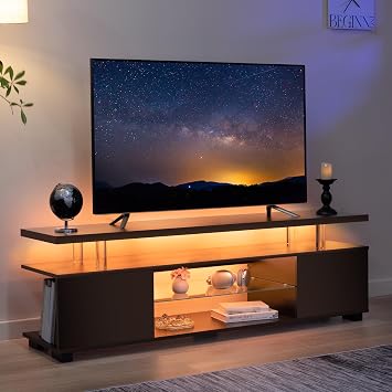 Cubehom Black TV Stand,LED TV Stand for Living Room,Glass Entertainment Center TV Stand, TV Console Tables for Living Room,Bedroom,Home Office