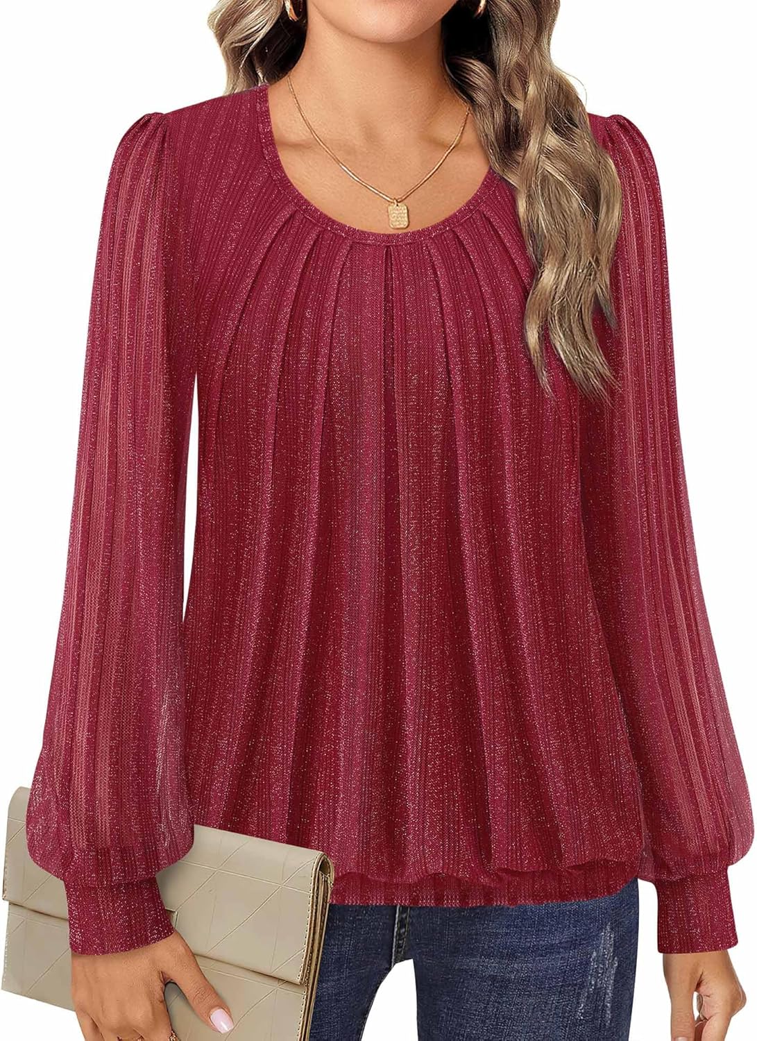 Timeson Women's Long Sleeve Scoop Neck Pleated Front Fitted Blouse Tops