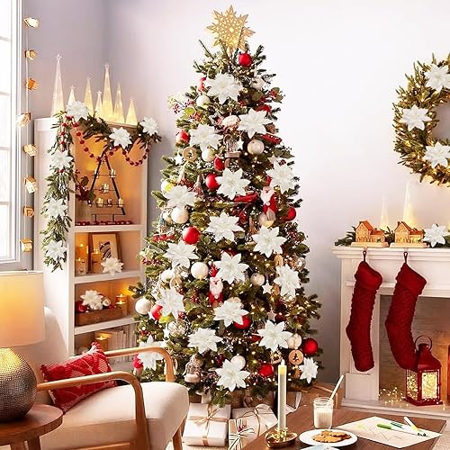 Miniatura 9 de Serwalin 20 flores de Navidad artificiales de 5.5 pulgadas (5.5 in), color azul plateado, flores de pascua con clips, tallos con purpurina, adornos