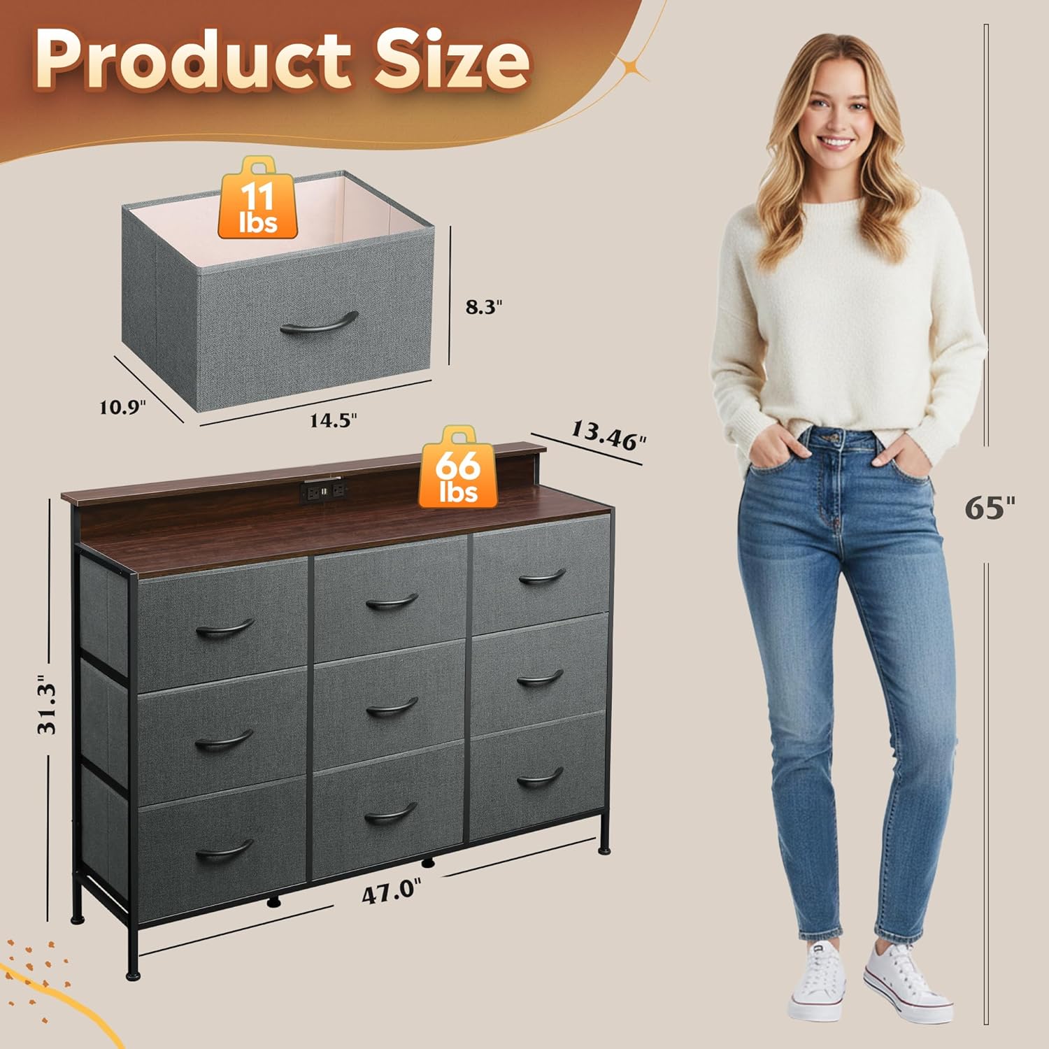 Grey TV Stand for 45, 50, 55 inch TV, TV Media Console Table with LED Lights & Charging Station, Entertainment Center with 9 Fabric Drawers and Open Shelves for Living Room, Hallway - Image 7