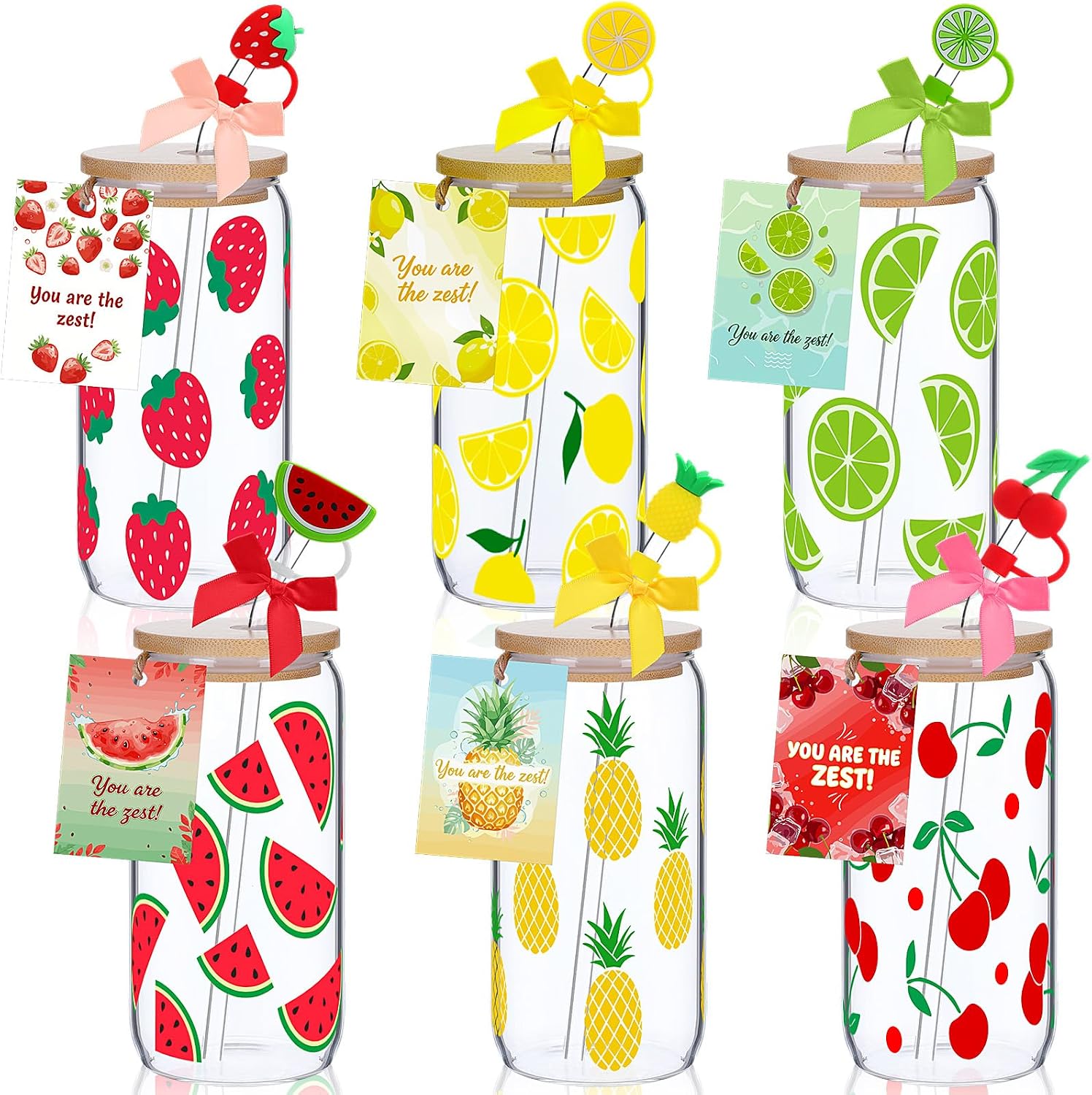Vesici 6 Set Summer Glass Cups 16 oz Lemon Watermelon Lime Cherry Drinking Tumbler with Lid Straw and Stopper Can Shaped Juice Cup Appreciation Gifts with Cards and Bow for Summer Party Favor Decor
