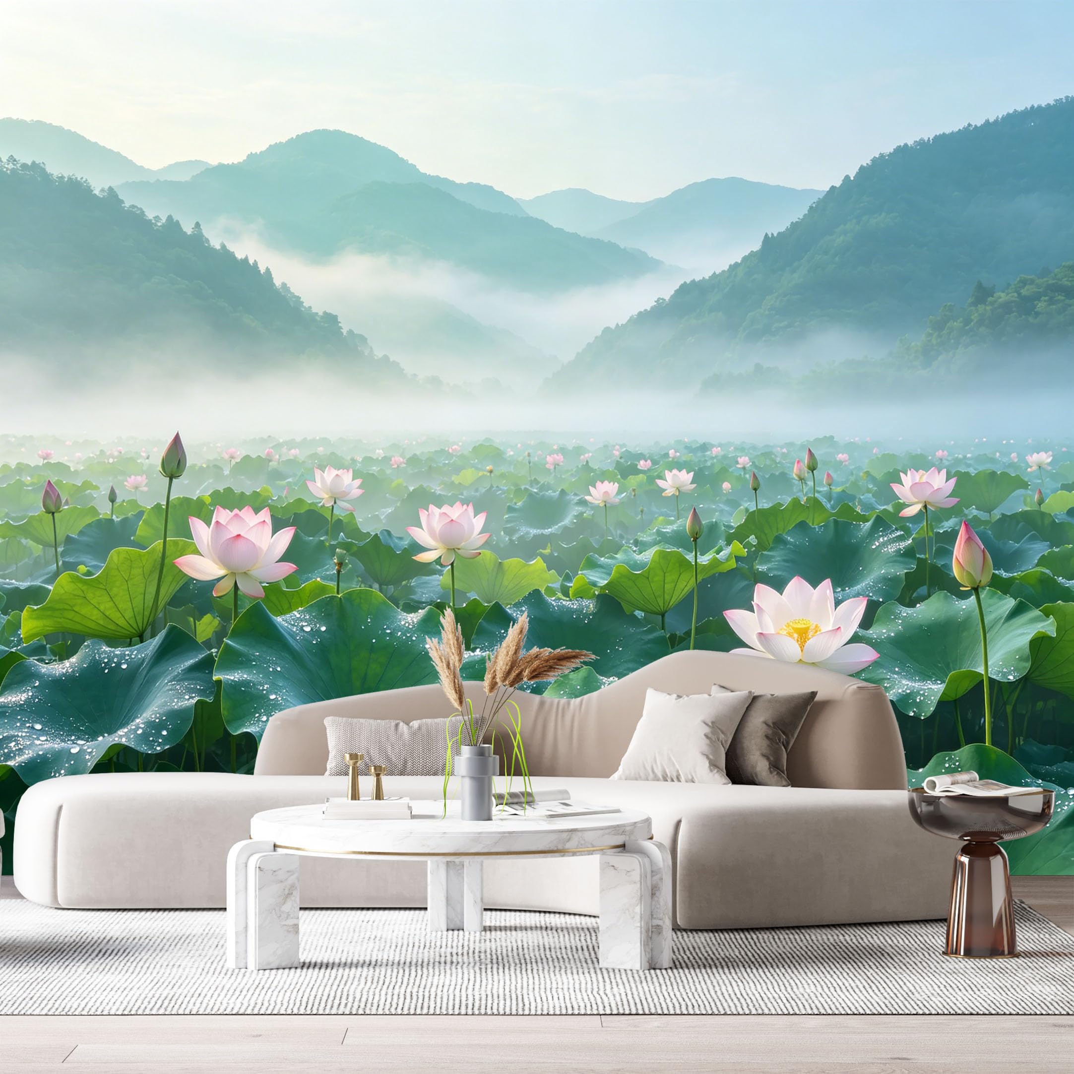 Custom Size Wall Murals Misty Mountain Lake Botanical Watercolor Lotus Pond SelfAdhesive Wall Fabric Removable Large Wallpaper for Photo Living Room Interior Decor