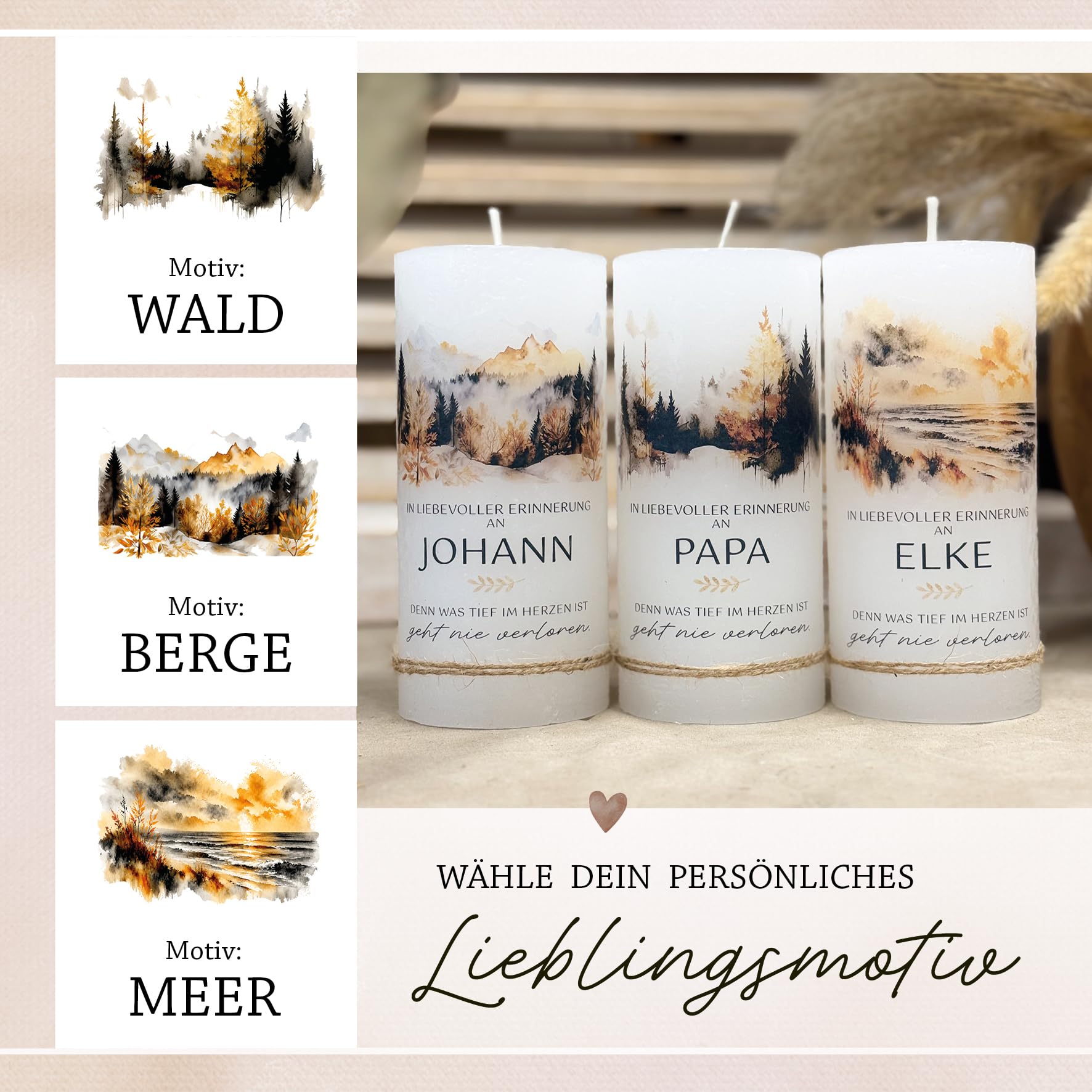 Personalisierte Trauerkerze mit Name und Wunschtext | moderne Rustikkerze | Gedenkkerze | Erinnerungskerze | Individuelle Kerze zum Abschied | Berge Wald Meer (Wald, Klein - 7x15cm)