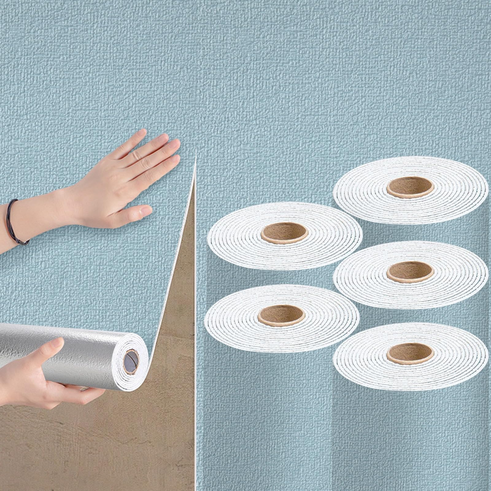 Camiraft Blue Self Adhesive Wallpaper Roll Peel and Stick Thermal Wallpaper for Bad Cold Walls -5 Rolls=7m² 3mm Thick Textured Insulated Lining Paper for Walls for Bedroom Living Room,Bathroom