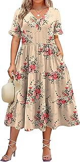 Womens Plus Size Short Sleeve Dress Summer Midi Casual Tiered V-Neck Aline Flowy Loose Dresses with Pockets - Buy now