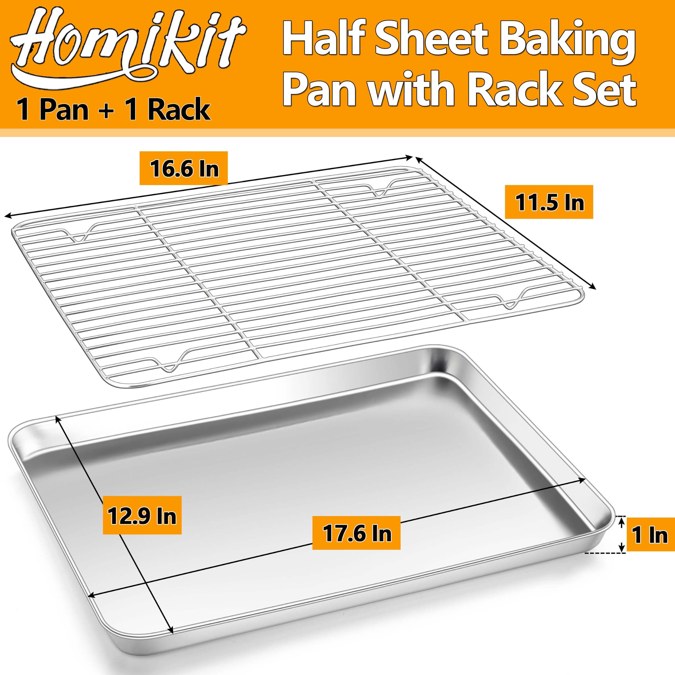 Homikit Plaque de cuisson avec grille de cuisson, 45,7 x 33 cm, demi-feuilles antiadhésives pour cuisson avec grille de refroidissement, ustensiles de cuisson en acier inoxydable pour four
