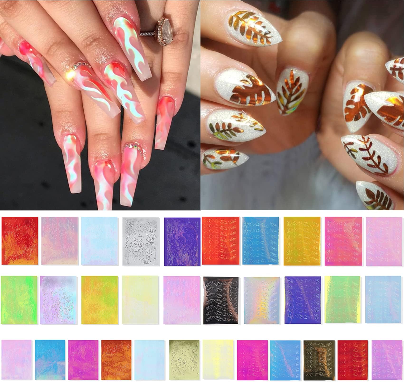 Flame Reflections Nail Stickers – 32 Sheets Self-Adhesive Holographic Fire Flame, Turtle Leaf and Butterfly Nail Art Decals. 3D Vinyls Stencil Foils for DIY Nails Manicure