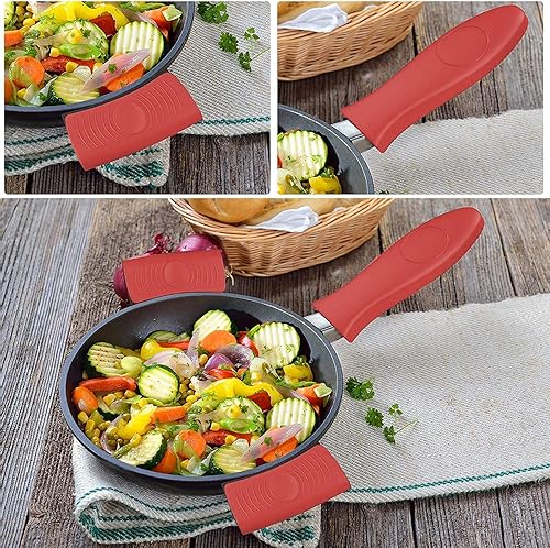 Miniatura 6 de Paquete de 4 soportes de silicona para mango de sartén caliente y soportes para ollas, resistentes al calor, agarraderas de hierro fundido