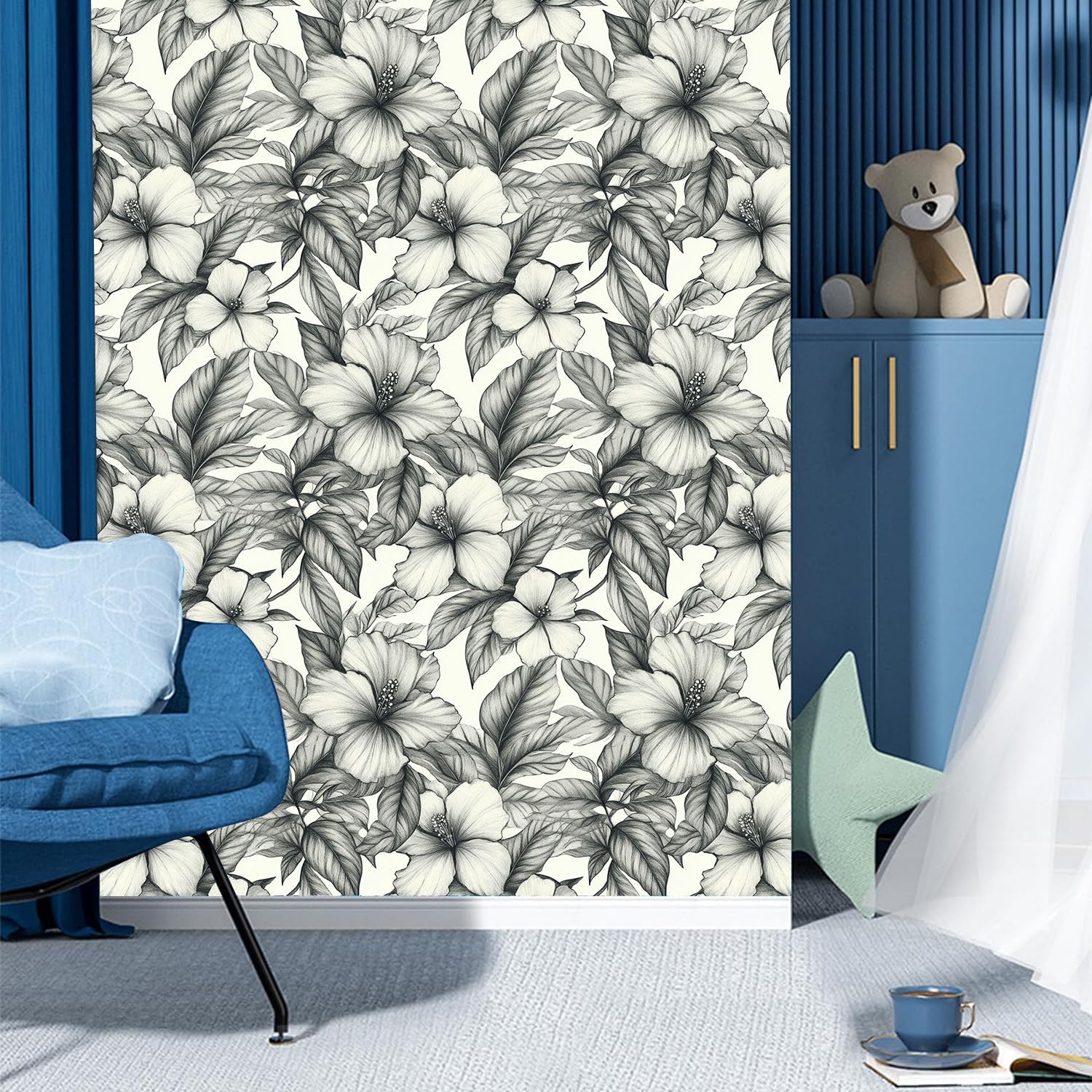 Papel pintado autoadhesivo Floral en blanco y negro Papel tapiz adhesivo Flor retro Plástico adhesivo impermeable para la parte posterior de la sala de estar el dormitorio los muebles el vinilo para