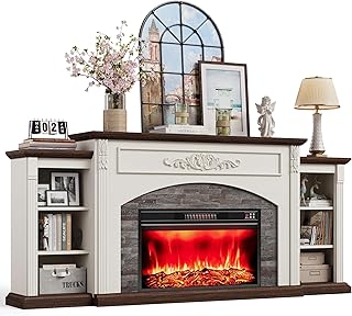 80" Electric Fireplace TV Stand for TVs Up to 90", Modern Entertainment Center with Realistic Stacked Stone Surround, Wooden Carved Mantel, Media Console with Storage for Living Room