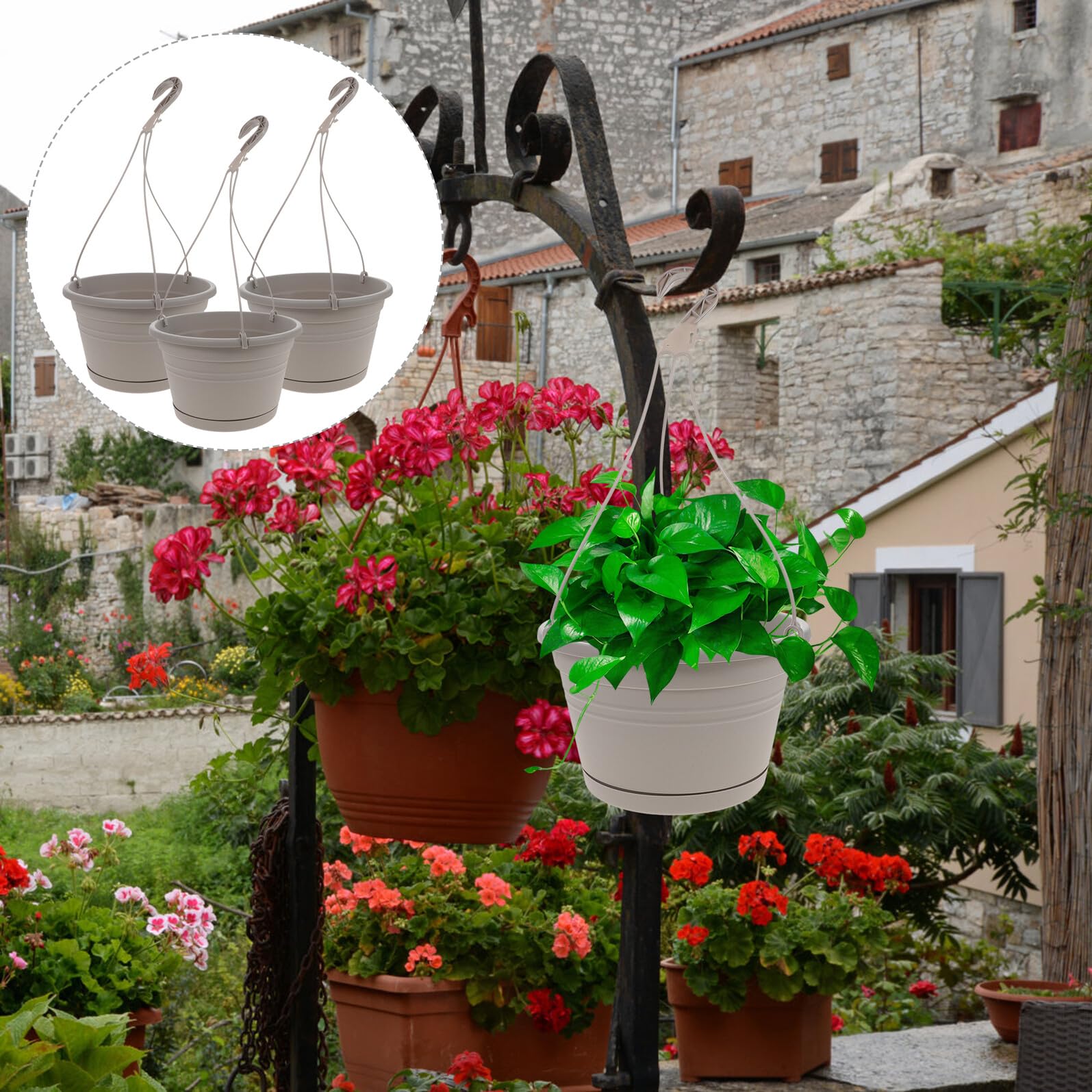 Set 3 Pezzi Vasi Appesi in Plastica per Piante da Balcone e Giardino, Portavasi Sospesi Multifunzionali Ganci per Decorazione Casa e Esterni