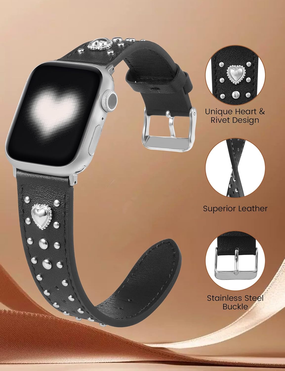 Wearlizer Leather Band Compatible with Apple Watch Bands Women 42/46/38/40/41/44/45/49mm, Dressy Fancy Designer Pretty Heart Charms Studded Strap for iWatch Series 11 10 9 8 7 6 5 4 SE/Ultra 3 2 1