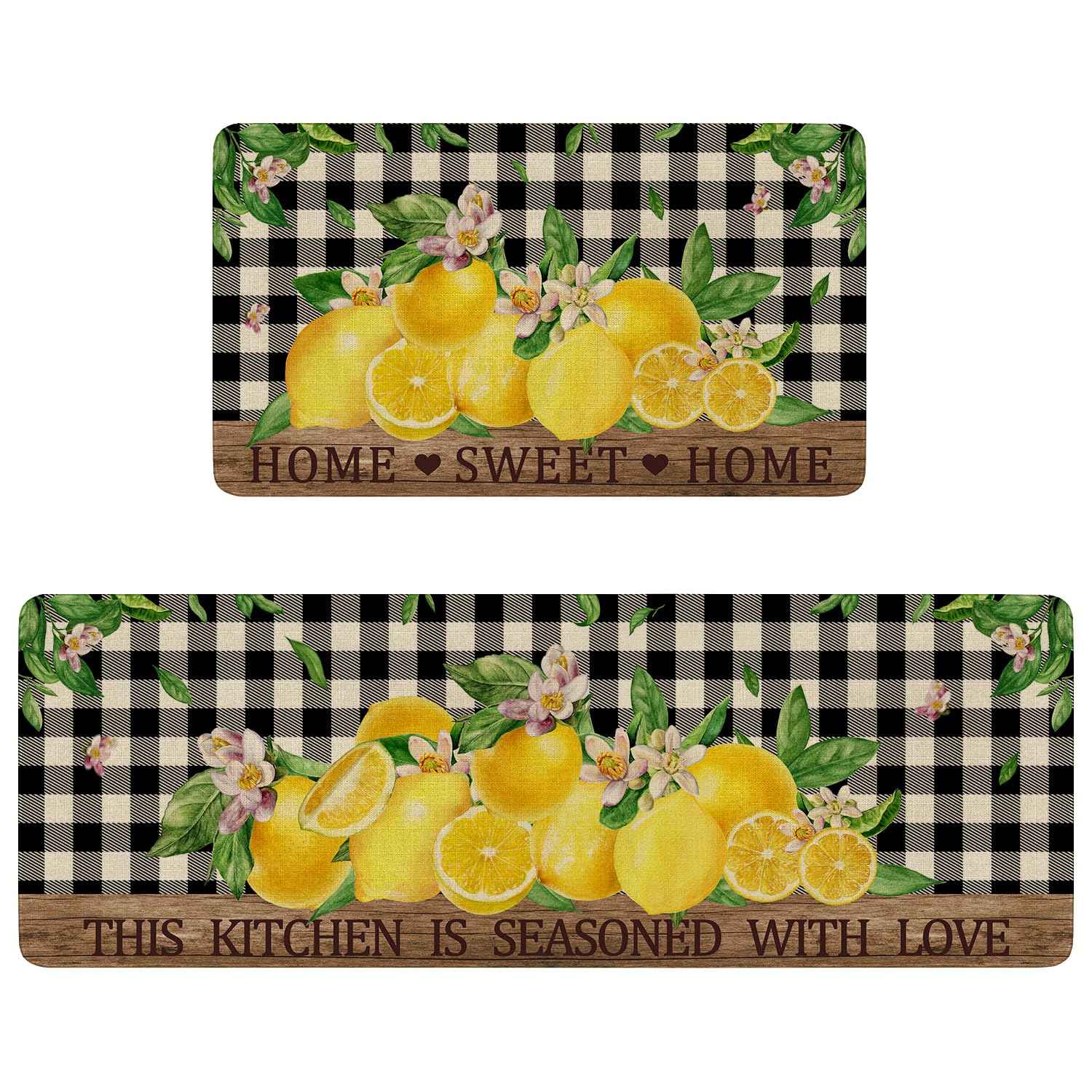 Faptoena Lemon Kitchen Rugs Set of 2,Home Sweet Home Buffalo Plaid Holiday Kitchen Mats for Floor,Spring Summer Seasonal Non-Slip Washable Sink Mats
