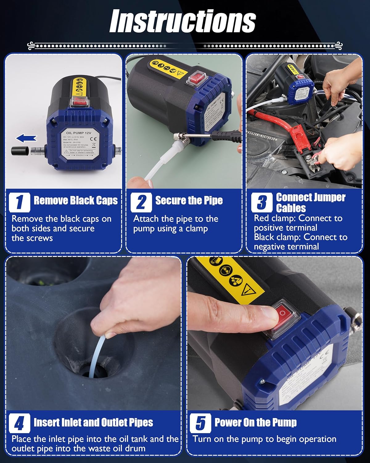 Oil Extractor Pump 12V 80W, Upgraded Electric Engine Oil Pump w/Auto Overload, Oil Change Pump for Motor Oil, Gear Oil, Transmission Fluid, Lube, Fluid Transfer Pump for Car, Mower, Marine, Blue