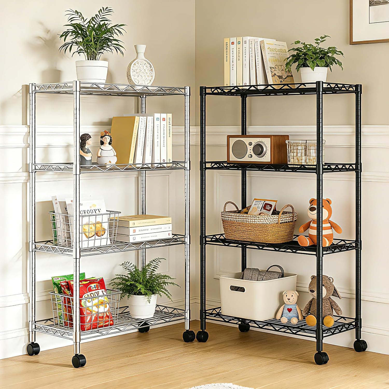 4-Tier Wire Shelf Metal Rack,Narrow Wire Shelving Unit 17.3" Wx11.4 Dx44.3 H,Height Adjustable Storage Pantry Shelves with Lockable Wheels for Kitchen,Laundry,Office,Bathroom Or Small Spaces