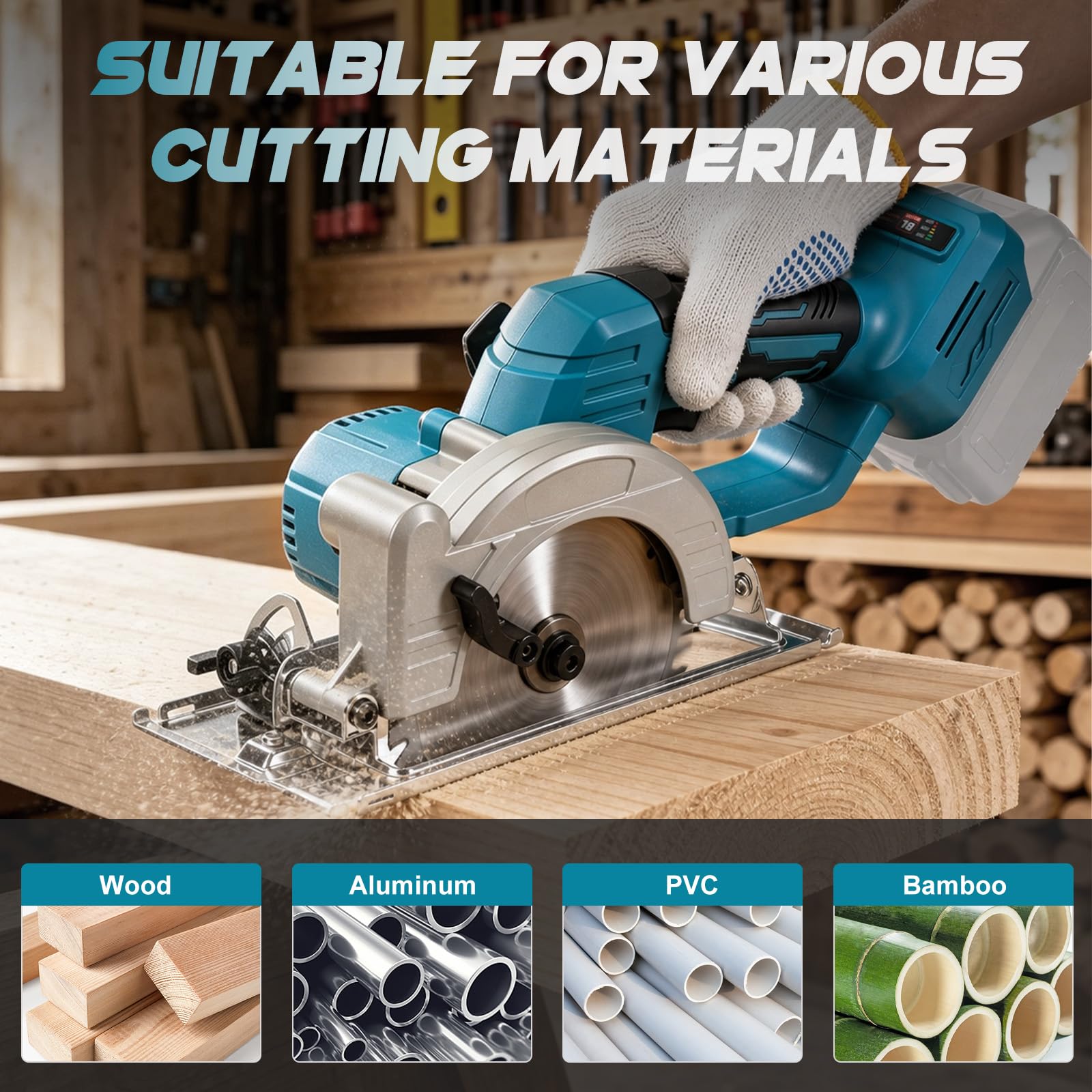 Sierra Circular a batería 6 Pulgadas para Makita 18V (sin Batería) | 400 W, mini sierra circular sin escobillas, 3 hojas, inclinación 45°, corte máx. 54 mm, Guantes, Gafas