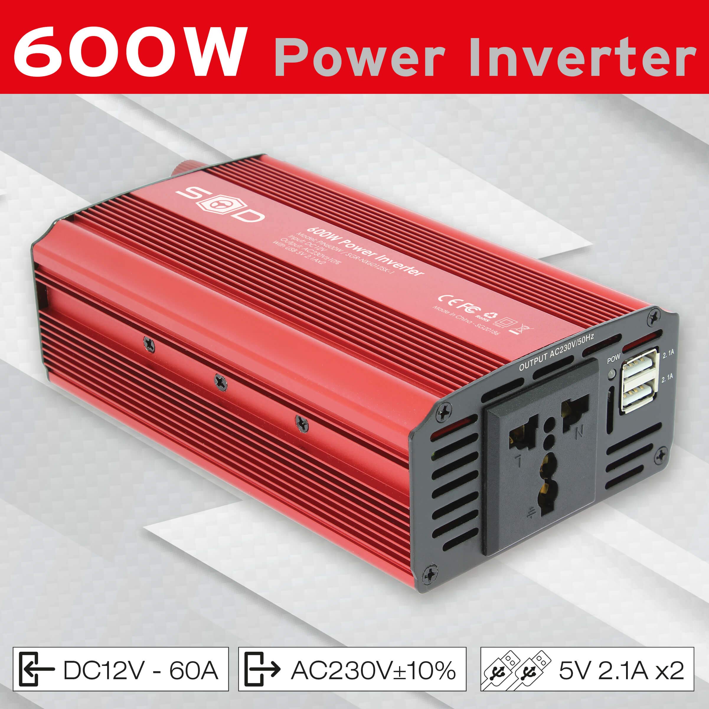 S SUMEX PIN600W Convertidor Inversor Coche 600W / 1200W, Corriente DC 12V 230V con 2 Puertos USB 5V 2.1 A. Onda Pura, Toma AC para Portatil, Movil, TV, Tablet