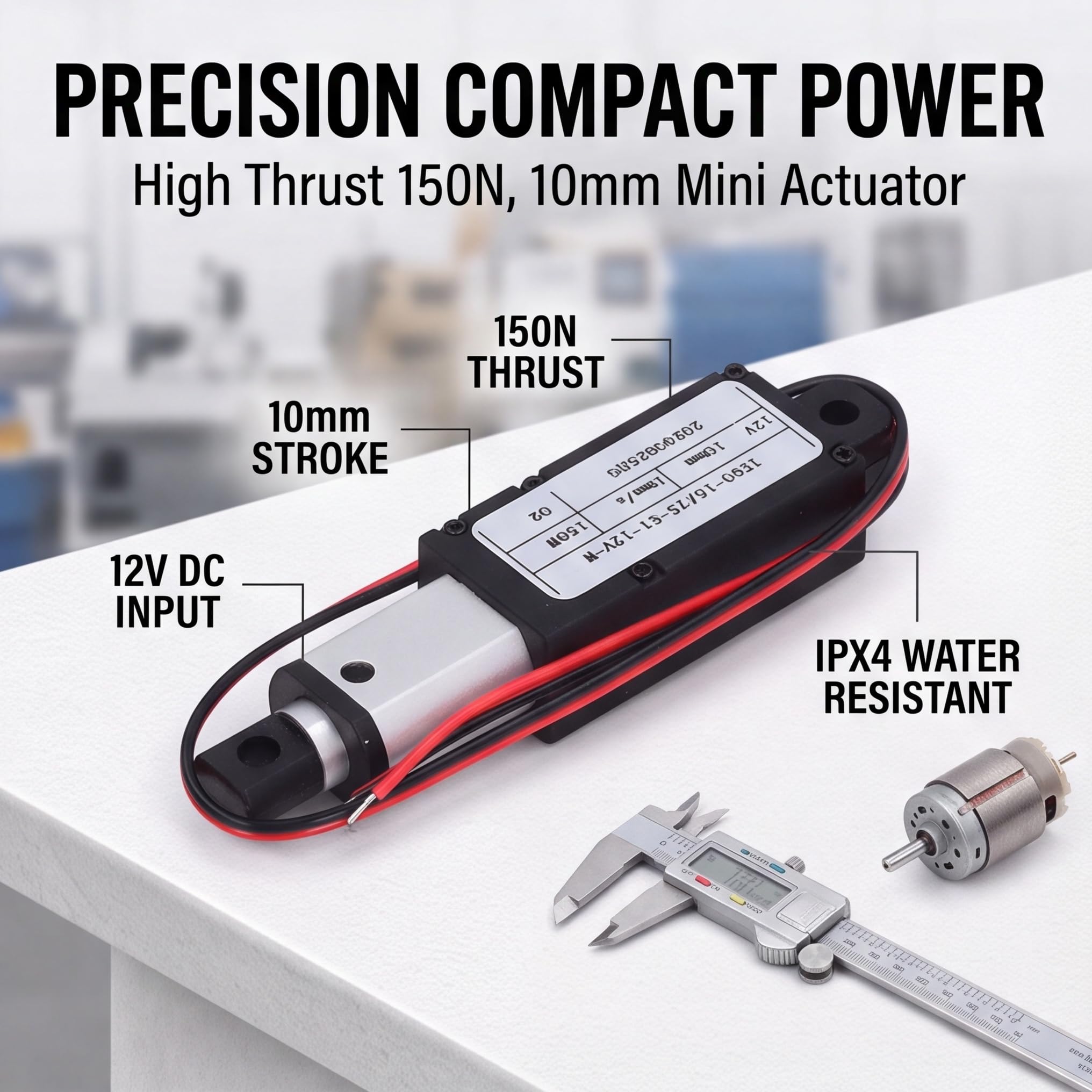Attuatore elettrico lineare, 12 V, 150 N, 10 mm, 4 mm/s, mini attuatore lineare con protezione multipla, switch di fine limite per macchine medicali, industriali/agricole