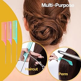 Goodofferplace 3 PCS Rat Tail Combs Parting Rattail Teasing Fine Tooth Comb with Metal Pick for Curly Hair,Detangling Parting Combs for Women,for Braiding,Styling Hair(Pink Purple Green)