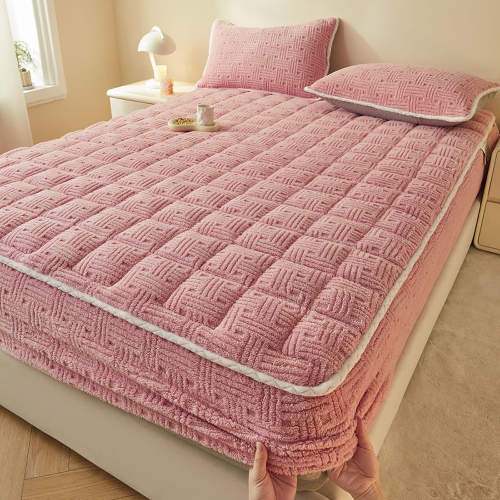 Drap Housse Doux, Drap de Lit Plat Rose Couleur Unie à Carreaux Velours 90x200cm Tissu Résistant