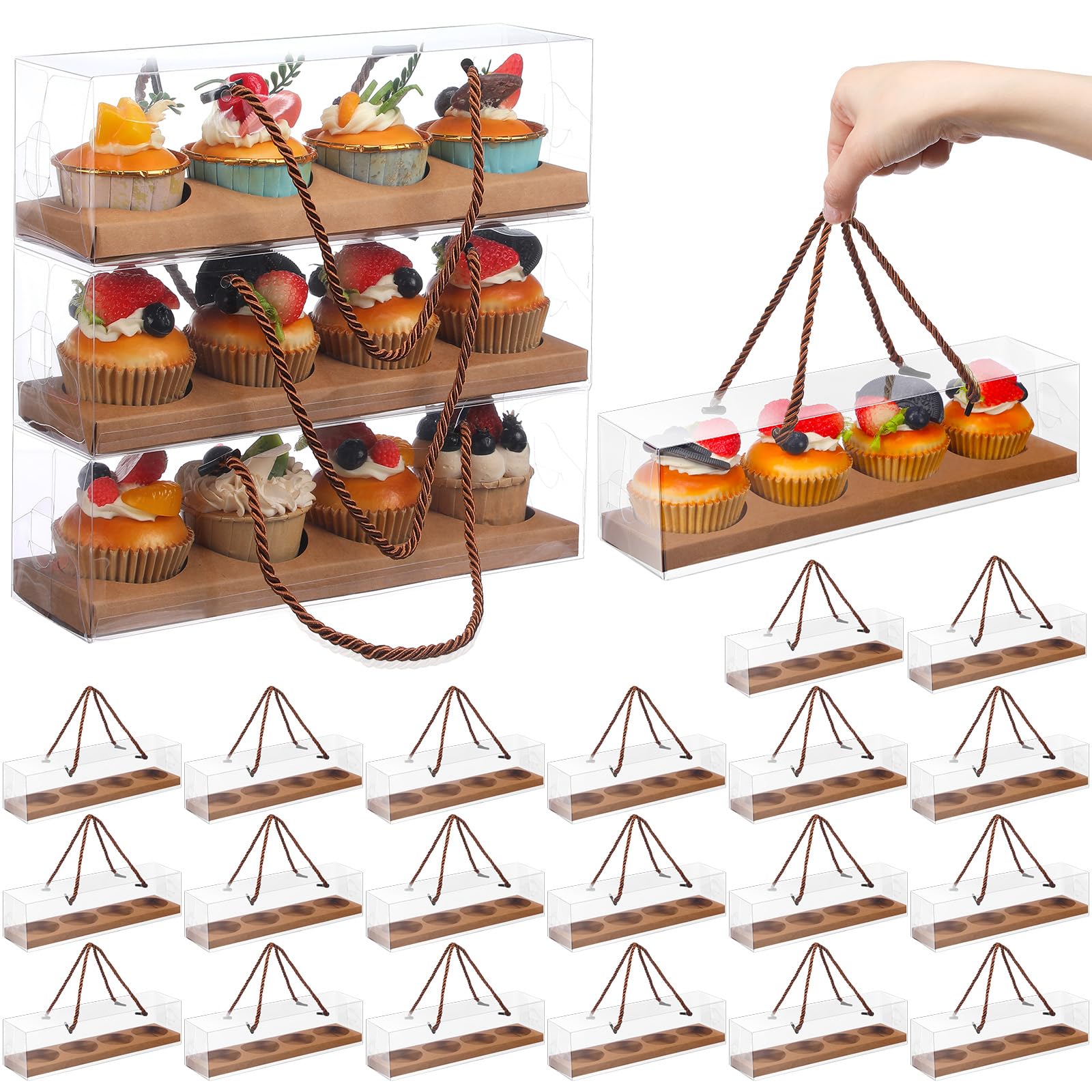 Thenshop Lot de 24 boîtes à cupcakes transparentes avec poignée, 4 boîtes à gâteaux rectangulaires de 30,5 x 7,6 x 7,6 cm pour fête des mères, fête de mariage (marron)