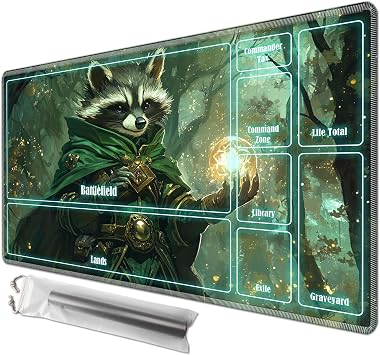 Playmat 24" x 14" with Magic Zones for MTG Card Game Playing, Board Game Mat for Card Breaking Commander Deck Gaming Card Game Battles Mat with Storage Bags, Forest Sorcerer Raccoon
