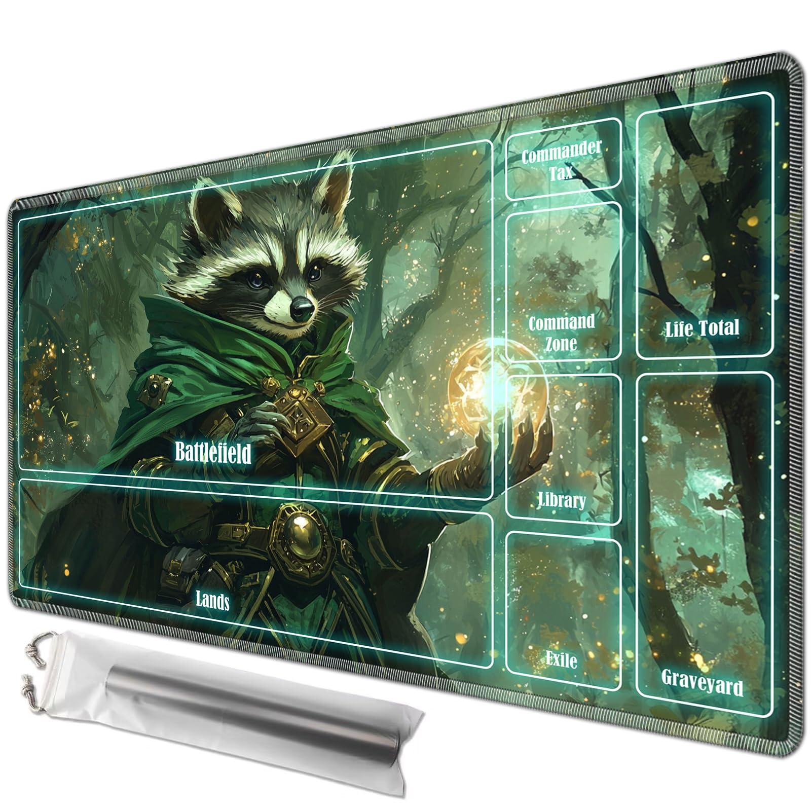 JANENFNA Playmat 24" x 14" with Magic Zones for MTG Card Game Playing, Board Game Mat for Card Breaking Commander Deck Gaming Card Game Battles Mat with Storage Bags, Forest Sorcerer Raccoon โ image 1