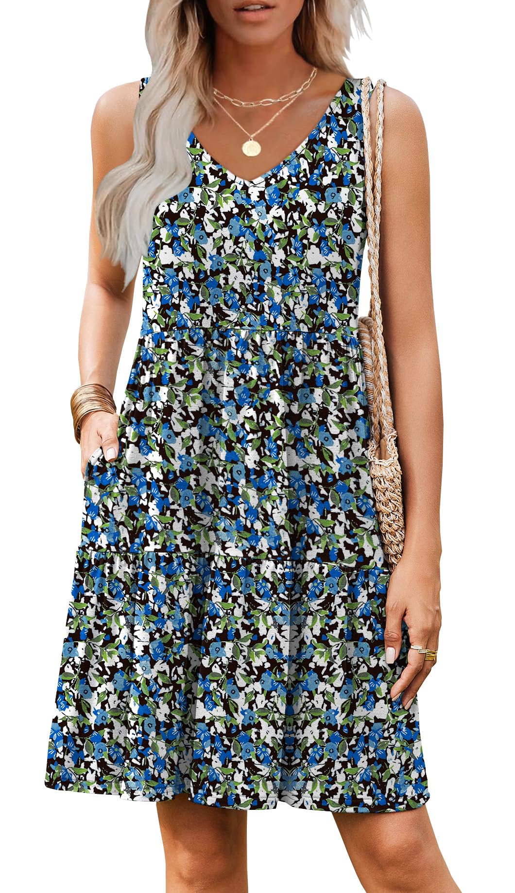 Hount Womens Summer Casual Dresses 2026 V Neck Sleeveless Beach Sundresses Flowy Tiered Tank T Shirt Dress with Pockets