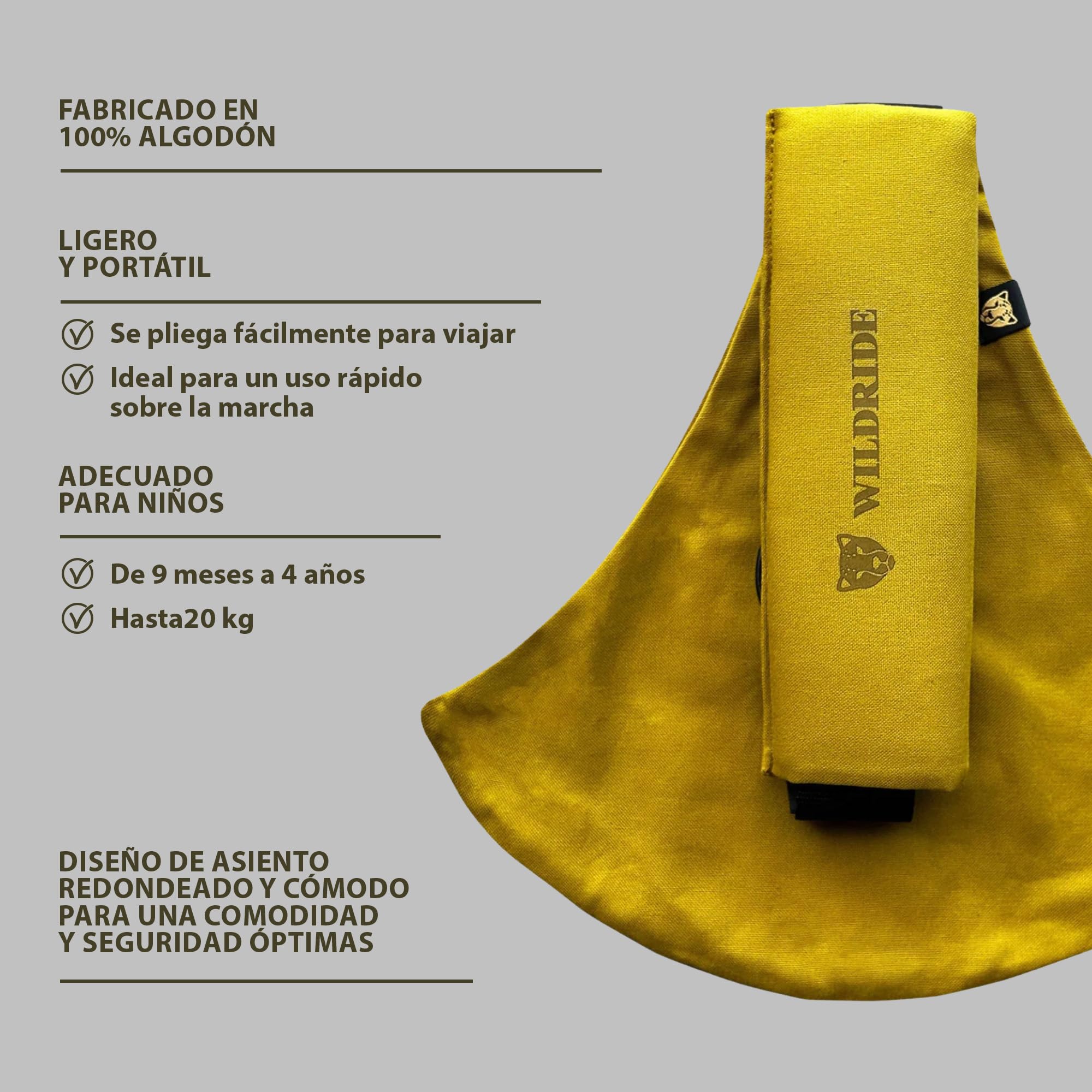 Wildride Portabebé Bandolera Dirty Desert, Portabebe Lateral para Niños de 9 Meses a 4 Años, hasta 20 kg, Algodón 100%, Plegable y Compacto, Certificado SGS