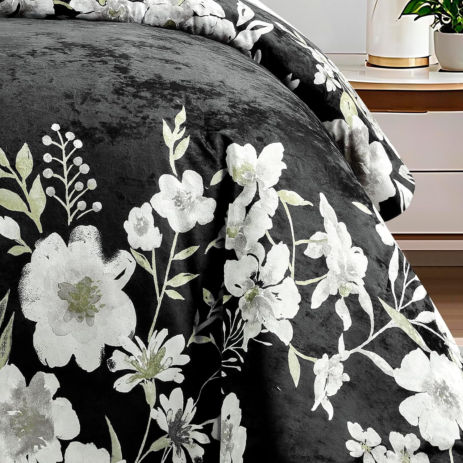 Sunshine Nicole Reversible Comforter Set, Printed Distressed Velvet Front and Sold Distressed Velvet Reverse, 3 Pieces Dark Green King, with Soft Polyester Fill