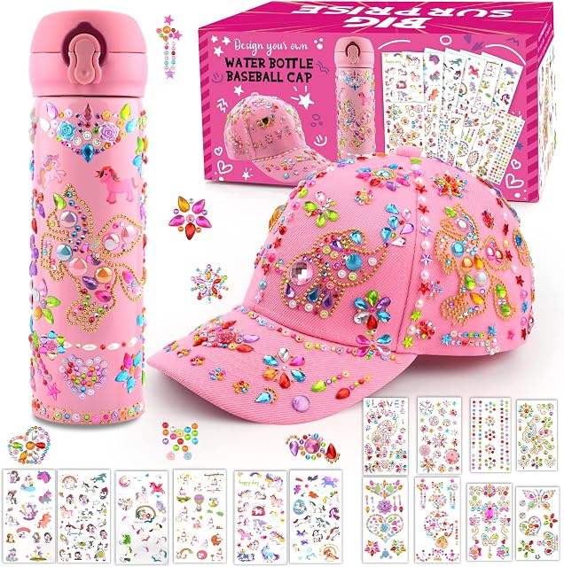 Gifts for Girls Decorate Your Own Water Bottle and Baseball Cap,Art and Crafts for Girls Water Bottle and Baseball Cap with Glitter Gem and Unicorn Stickers,Christmas Gift for Girls Age 4-12 Years Old