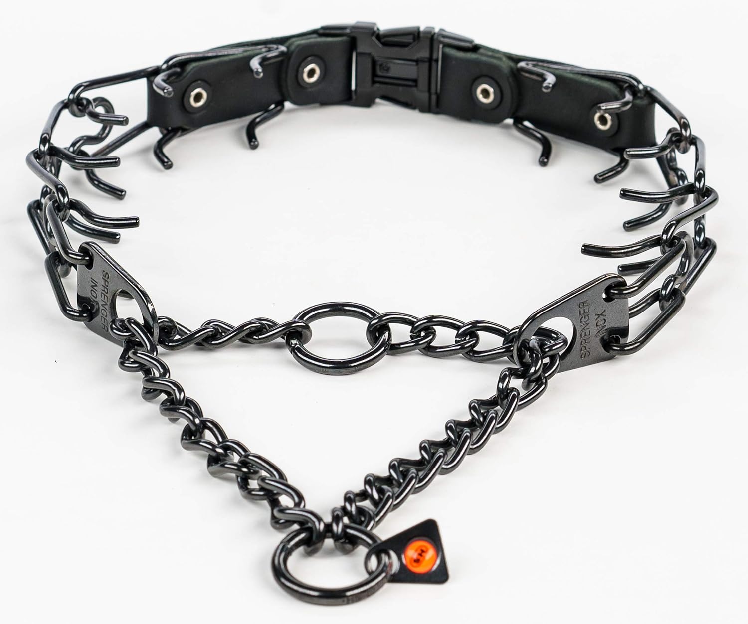 Herm Sprenger Quick Release Dog Training Collar Black Stainless Steel No Pull Collar Easy Leather Buckle Release Unique Tactical Look for Large Pet Dogs (18-26" Neck, 3.2mm Links)