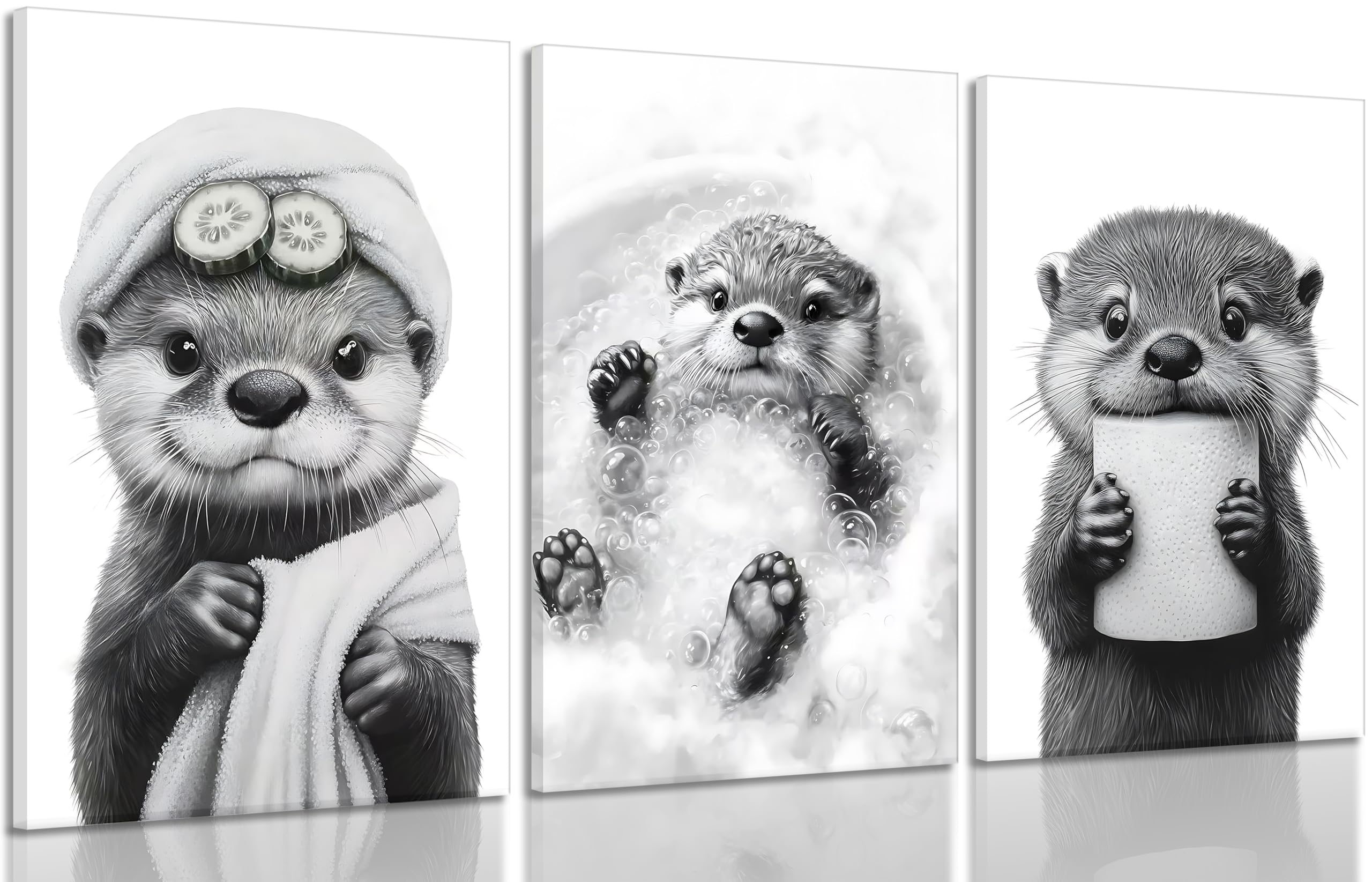 3Pcs Cute Otter Canvas Wall Art Funny Bathroom Paintings Pictures Wall Decor Black And White Animal Poster Printing Artwork for Home Farmhouse Toilet