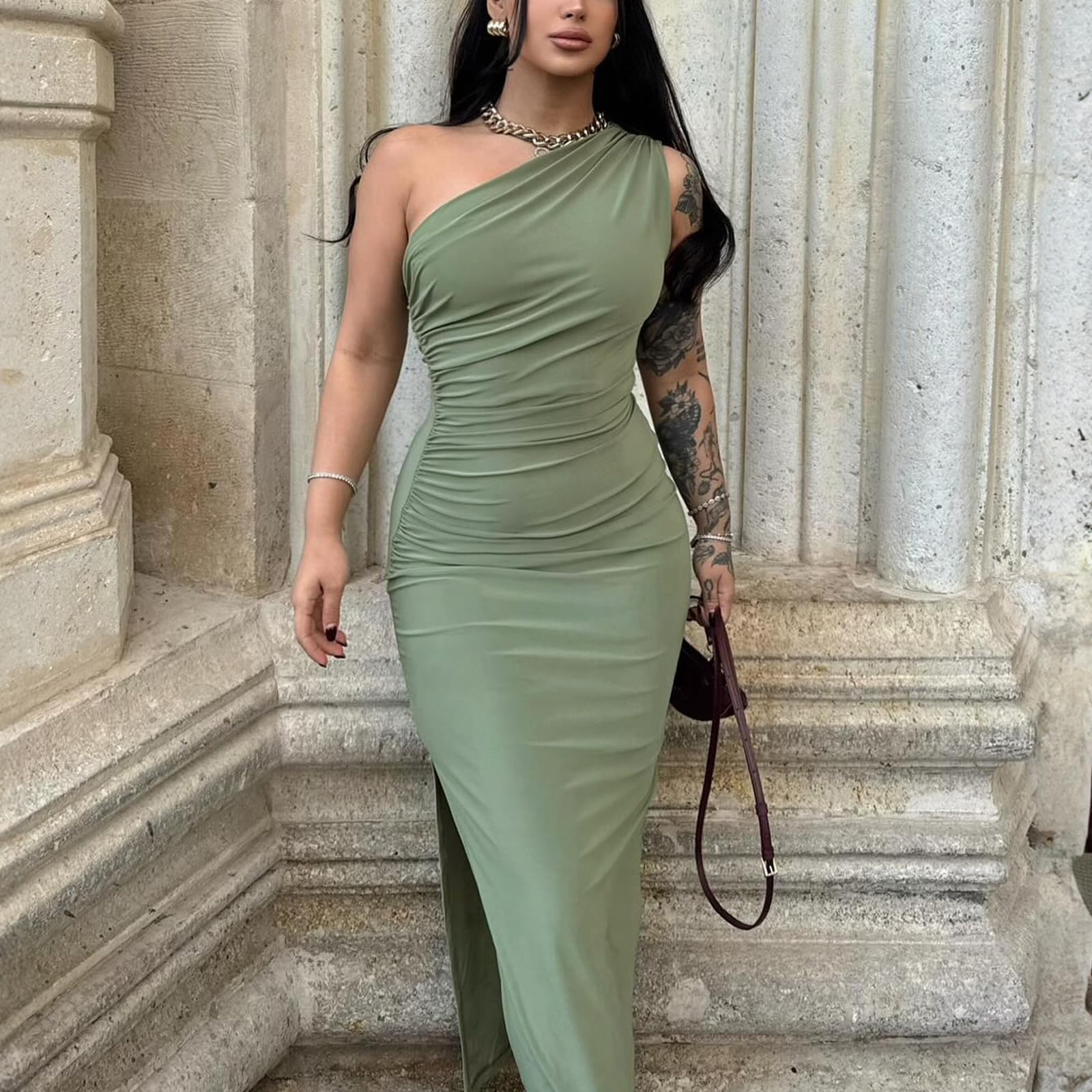 Abito Lungo Sexy Donna Monospalla Maxi Abito Senza Maniche con Spacco Vestito Elegante Senza Schienale Aderente Bodycon Vestito Senza Spalline da Discoteca Cocktail Festa Sera Cerimonia Club