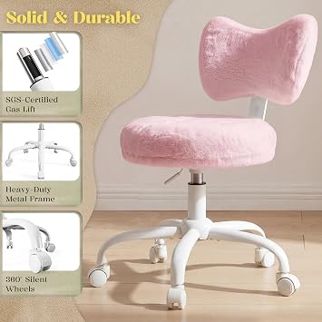 Cute Fluffy Bow Vanity Chair, Swivel Height Adjustable Desk Chair, Double-Layer Padded Cushion Dressing Table Chair for Bedroom Dressing Room, Adorable Comfort for Women Girls (Pink)