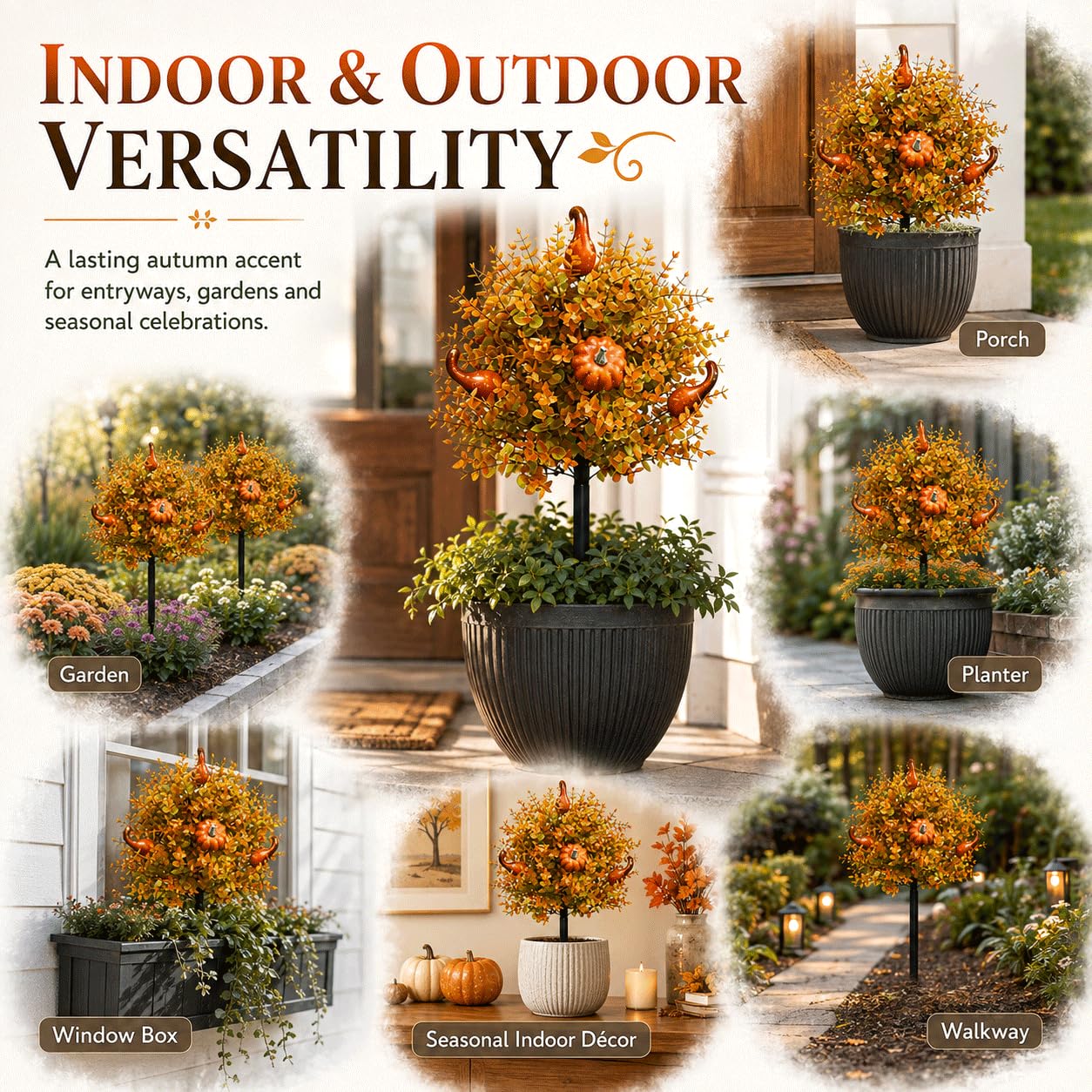 Confezione da 2 fiori artificiali autunnali a sfera, per esterni, con paletti, 55,9 cm, finti alberi di zucca autunnali con foglie d'arancio e zucche, resistenti ai raggi UV, pianta finta per portico